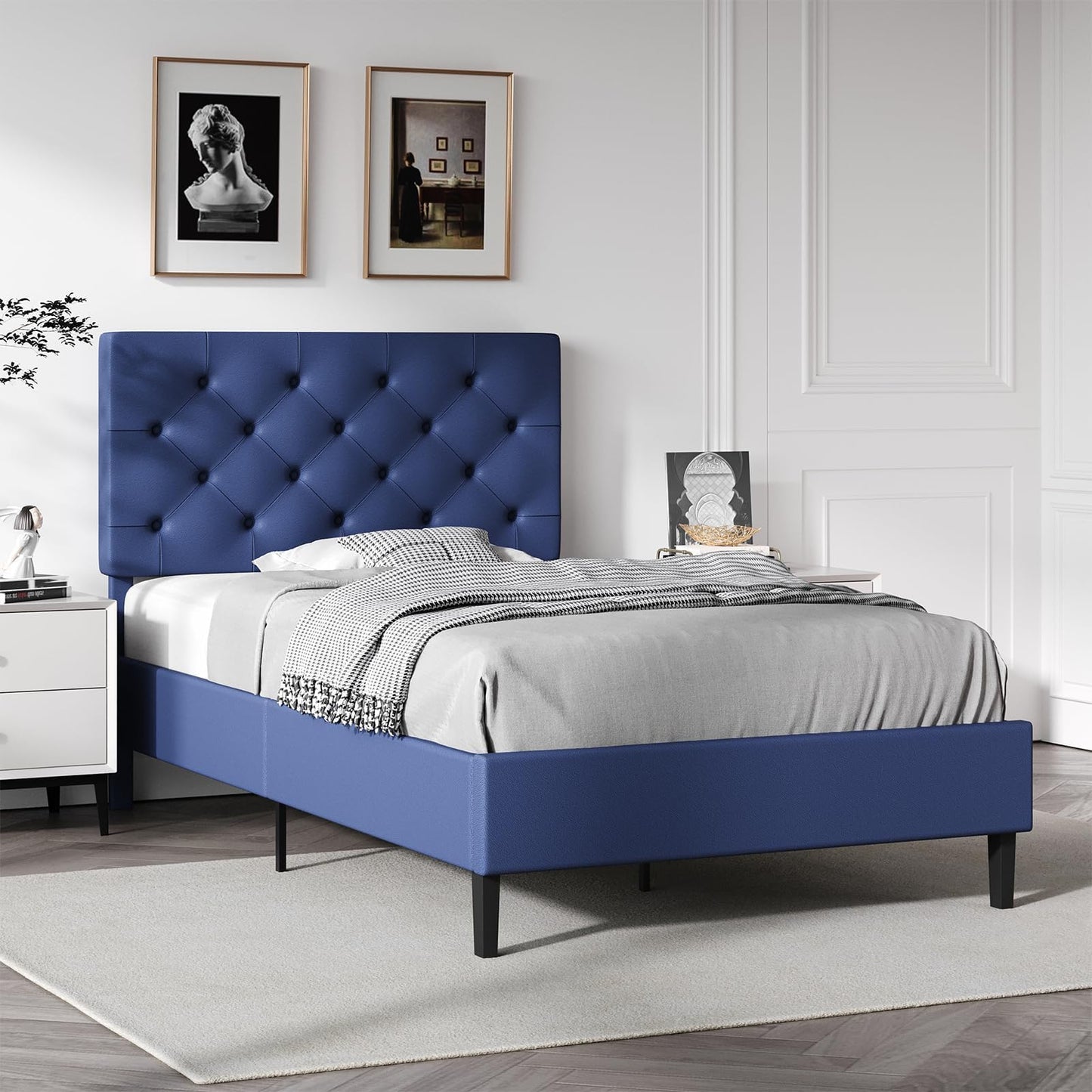 Queen Bed Frame with Headboard, Faux Leather Upholstered Platform Bed Frame, Blue Bed Frame Queen Size, Wooden Slat Support, No Box Spring Needed, Navy Blue