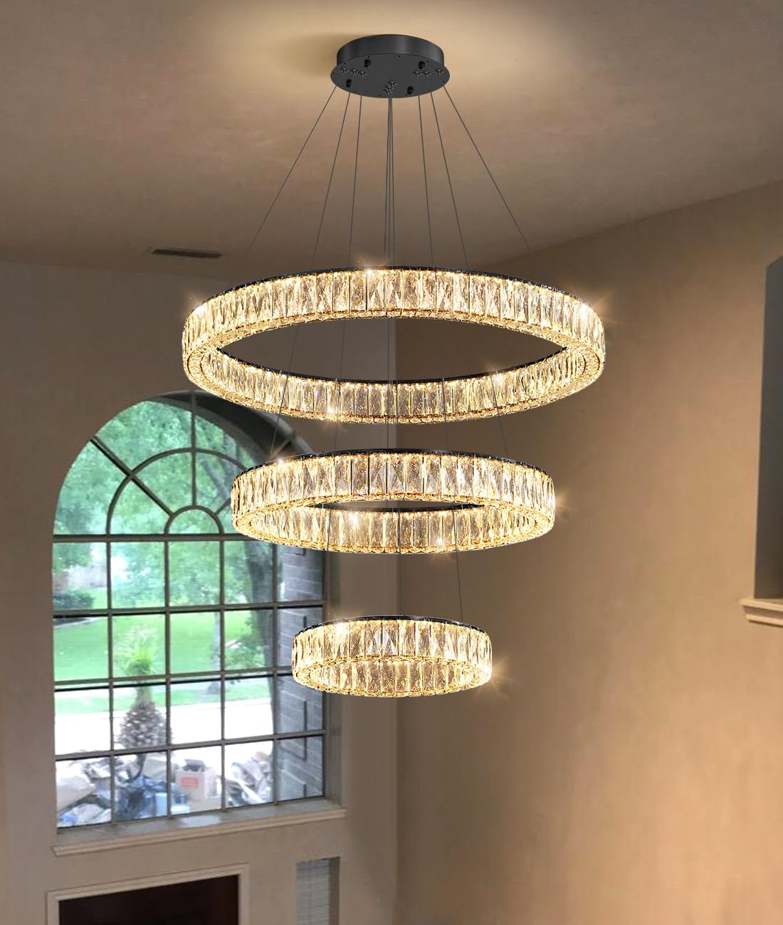 Modern Crystal Chandelier Dimmable LED Ring Pendant Lights Adjustable Glam Chandeliers Lighting Fixtures for Dining Room Living Room Bedroom Silver Light