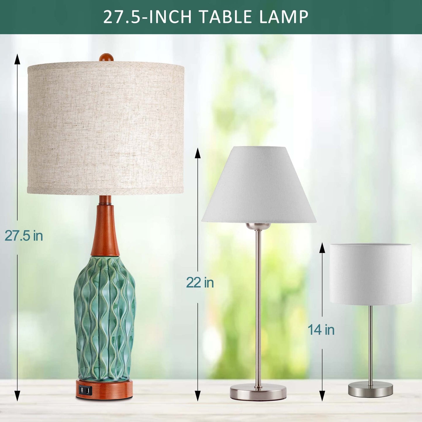 CeramicTable Lamps Set of 2 Lamps for Bedroom Living Room Office 26" Rotary Coastal Bedside Lamp for Nightstand with 2 USB Ports 3-Colors
