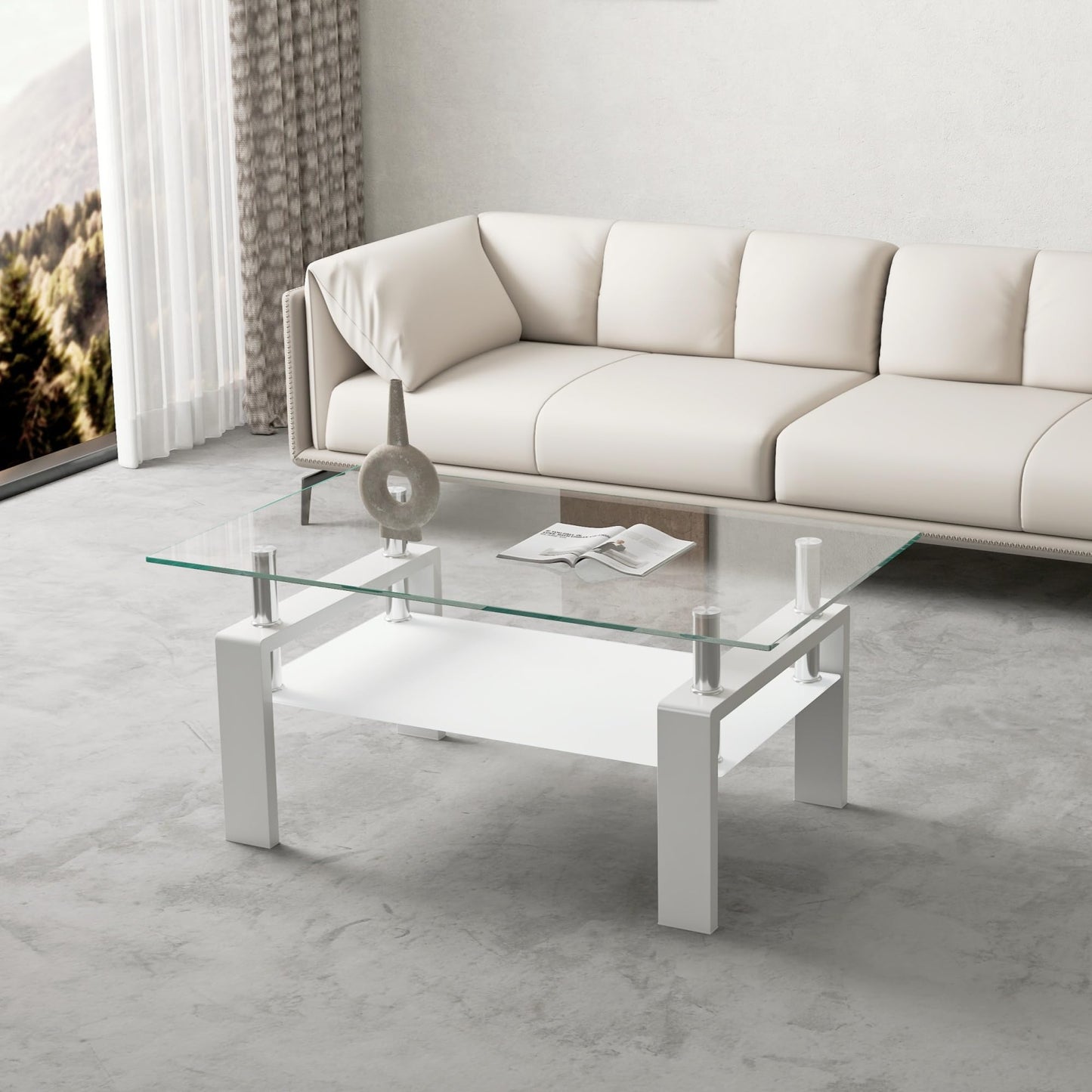 Meihua Tempered Glass Coffee Table for Living Room, Clear Center Table with 0.47 inch Tempered Glass, Transparent Modern Coffee Table