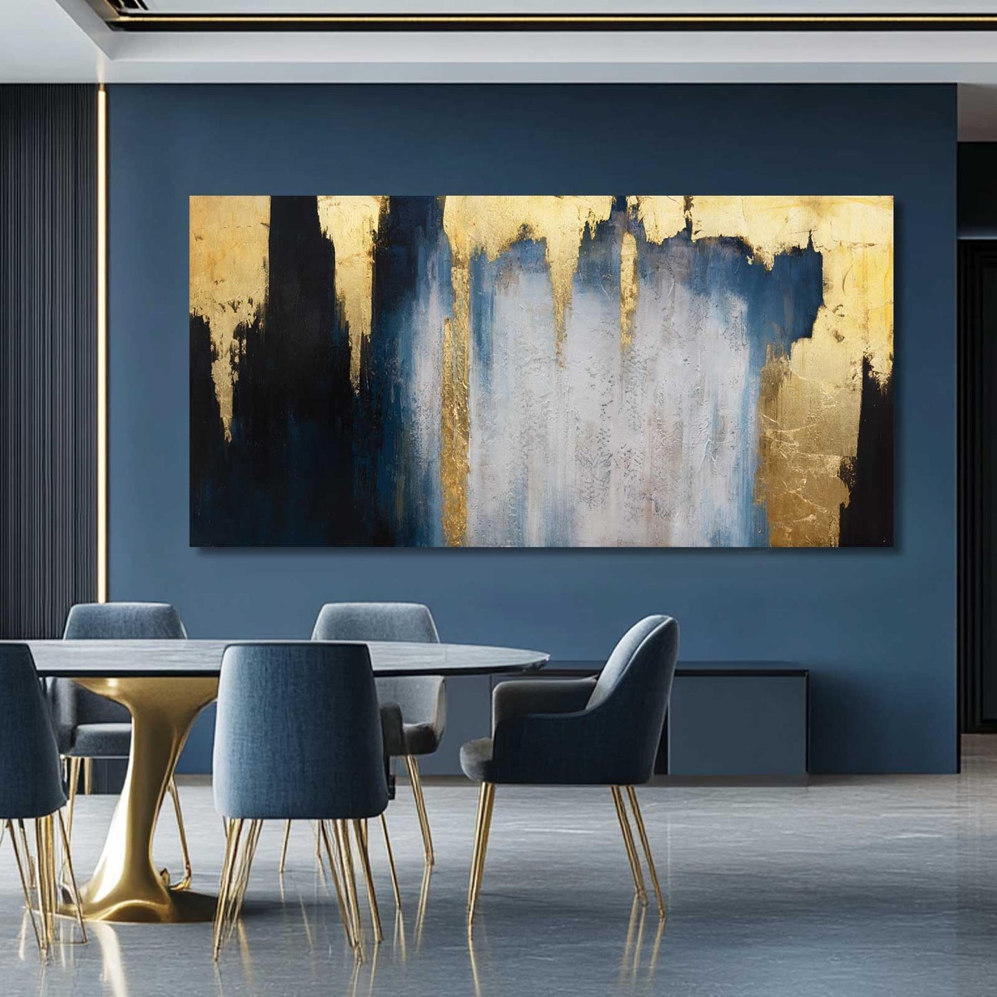 MLART99 Blue and White Abstract Wall Art Grunge Posters Gold Painting for Home Office 29"x 58" Gallery Wall Prints Large Size Artwork for Walls