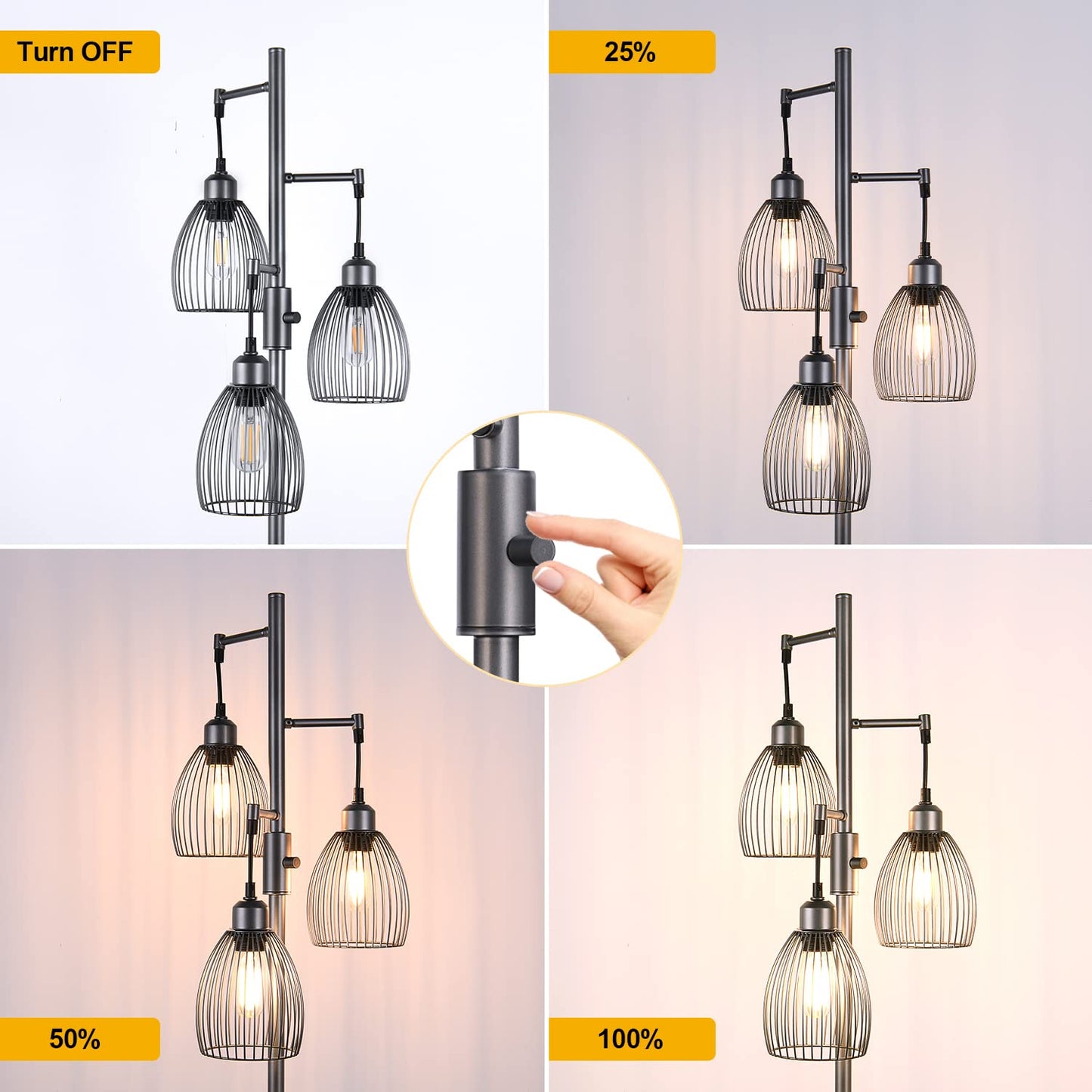 Dimmable Floor Lamp, 3 x 800LM LED Edison Bulbs Included, Farmhouse Industrial Floor Lamp Standing Tree Lamp with Elegant Teardrop Cage Tall Lamps for Living Room Bedroom Office Dining Room-Black