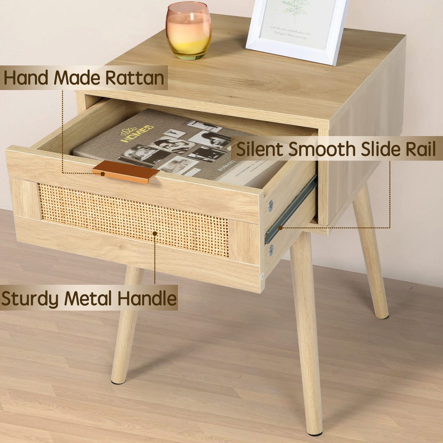HOPUBUY Nightstands Set of 2 with Rattan Drawer, Modern Night Stand for Bedrooms, Wooden 2 Drawer Bedside Table Side Table for Small Place and Bedroom (Brown, 2 Drawers 2 Pack)