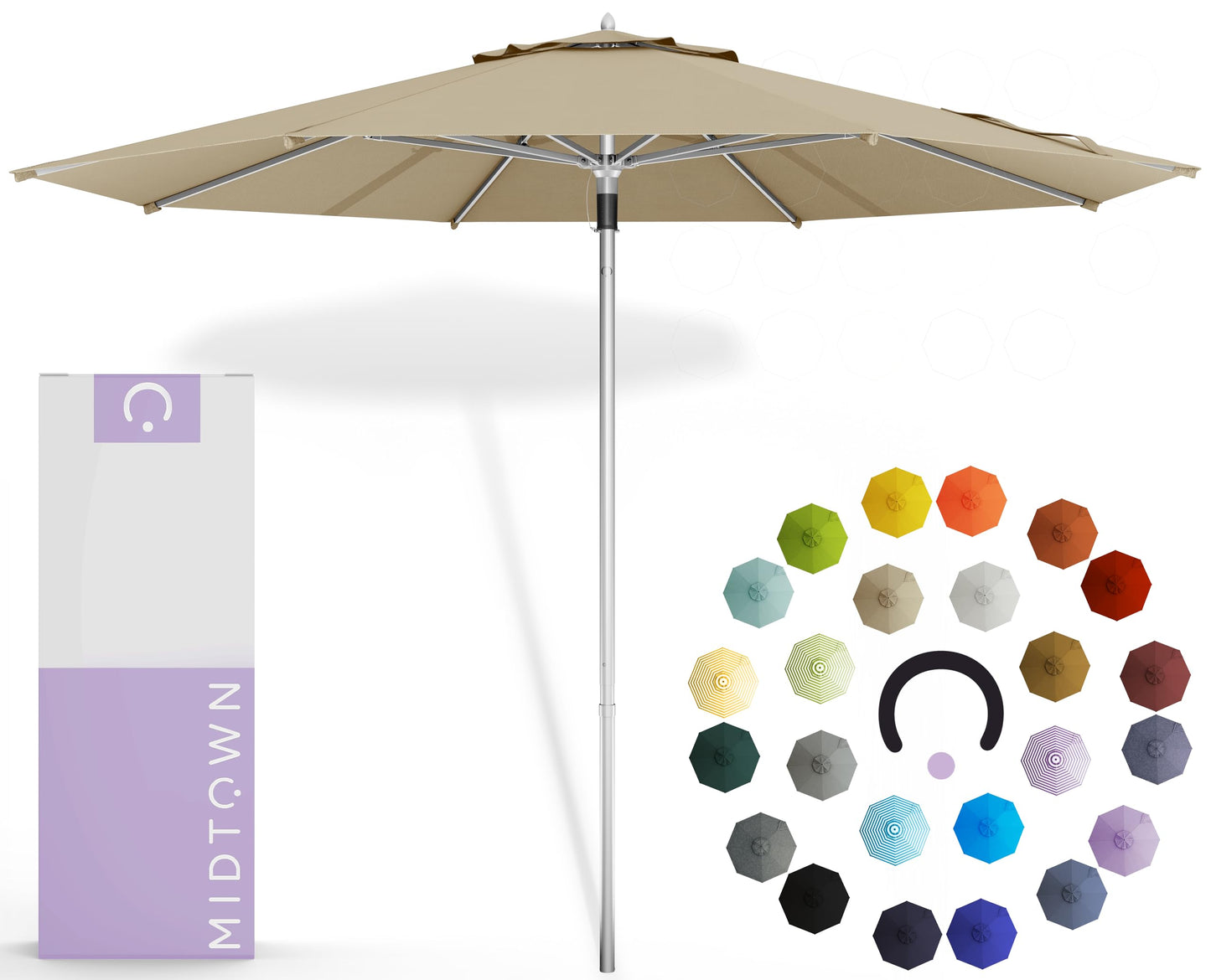 Midtown Umbrellas Push and Pop 9 Feet Outdoor Umbrella With Terylast Black/White Stripes Polyester Fabric - Fiberglass Ribs Deck Patio, Backyard, Garden & Pool - Silver Pole