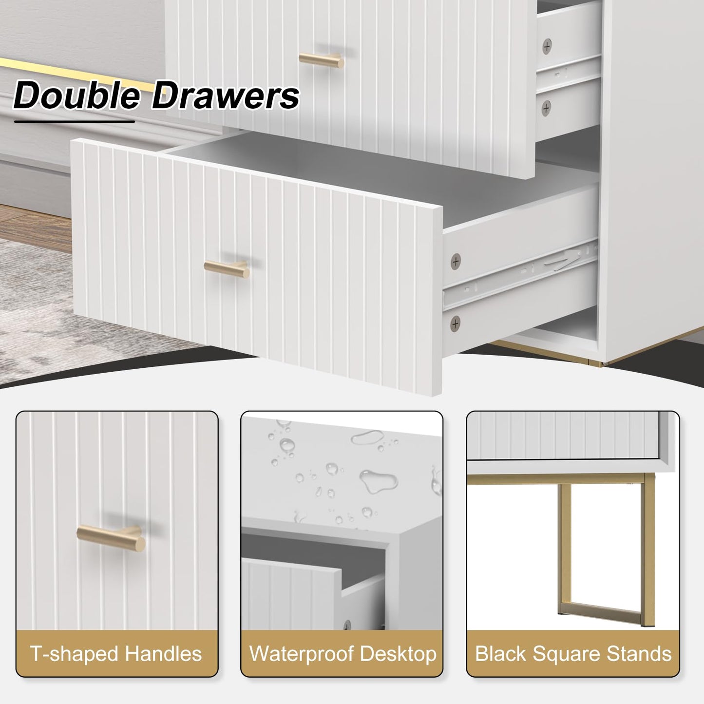 UEV Navy Blue Nightstand Set of 2,Modern Grooved Stripes Bed Side Table with 2 Drawers,Wood End Table with Golden Metal Handles and Pedestal Frame for Bedroom Living Room