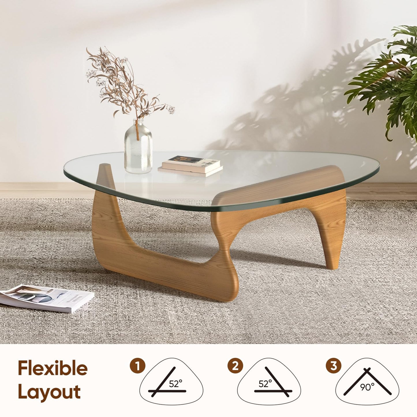 Noguchi Coffee Table – Mid-Century Modern Triangle Glass Coffee Table with Clear Tempered Top & Wood Base, End Table for Living Room Office Hotel Balcony, 50" W x 37.5" D