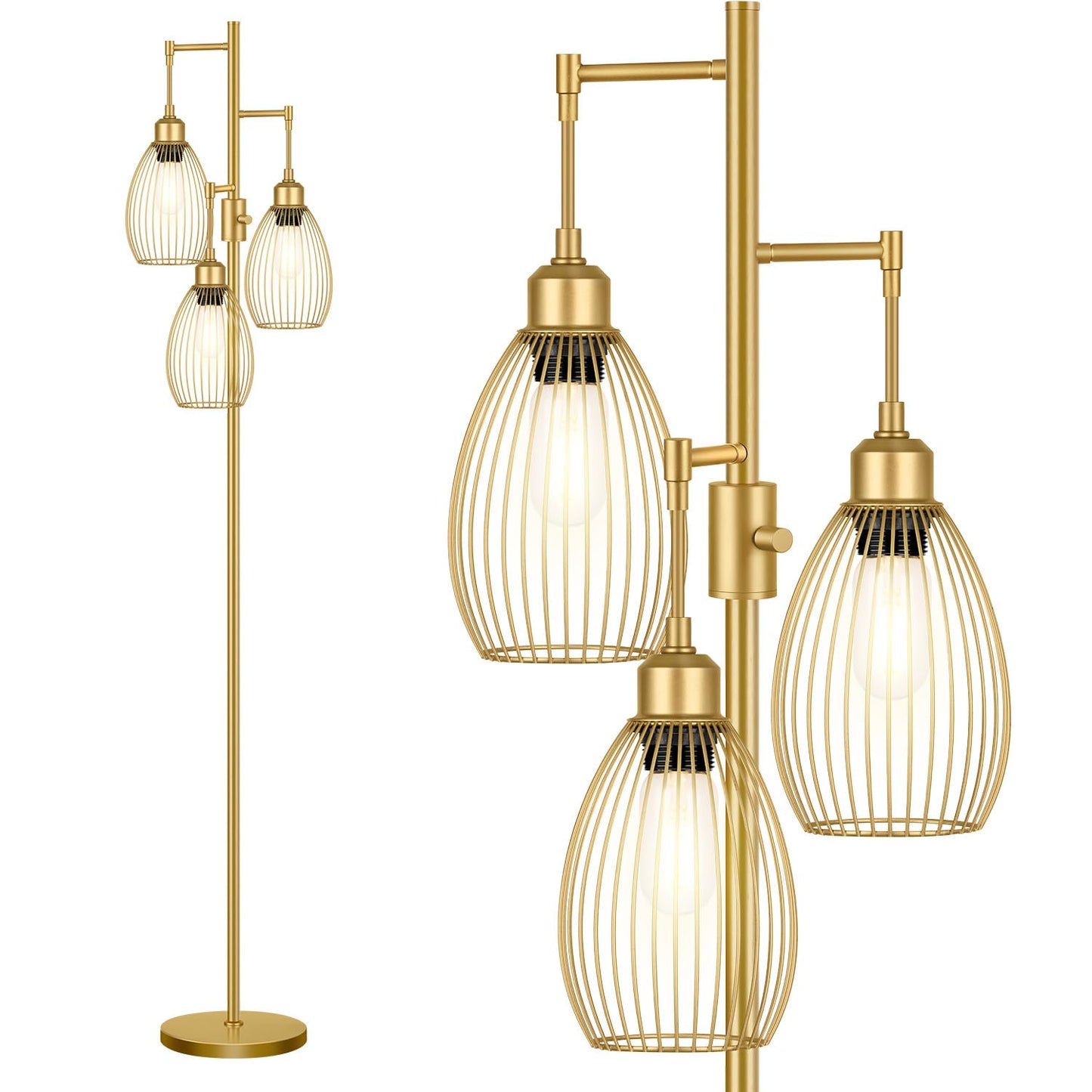 Dimmable Floor Lamp, 3 x 800LM LED Edison Bulbs Included, Farmhouse Industrial Floor Lamp Standing Tree Lamp with Elegant Teardrop Cage Tall Lamps for Living Room Bedroom Office Dining Room-Black