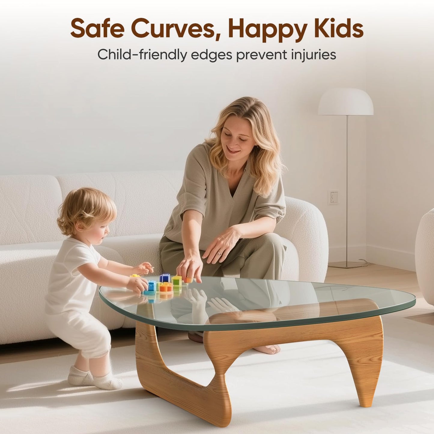 Noguchi Coffee Table – Mid-Century Modern Triangle Glass Coffee Table with Clear Tempered Top & Wood Base, End Table for Living Room Office Hotel Balcony, 50" W x 37.5" D
