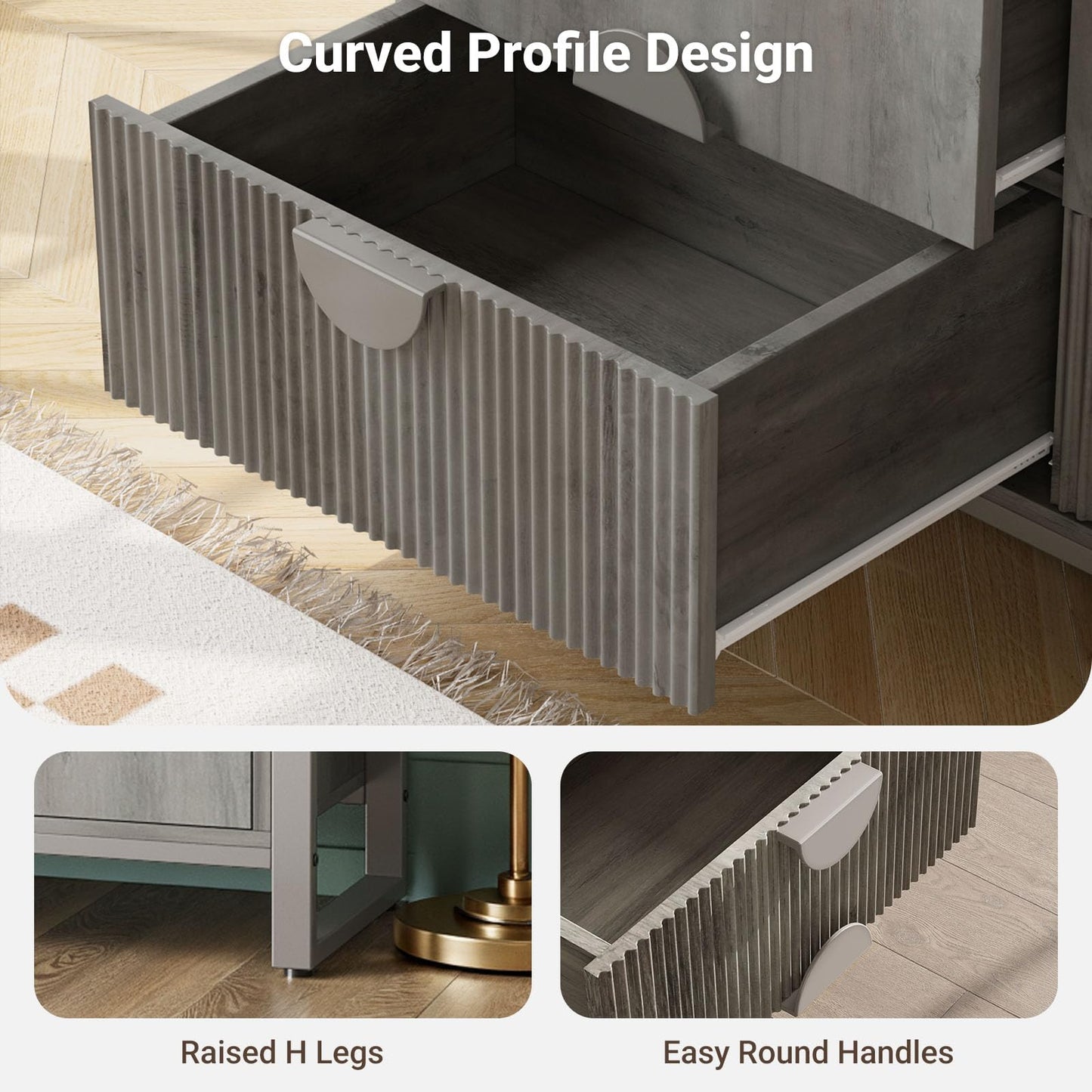LGHM Fluted Gray Dresser for Bedroom, 50" Wide Chest of Drawers, Modern 6 Deep Drawers Dresser with Raised H Legs -Curved Profile Design, Easy Round Handles for Bedroom,Livingroom, Hallway, Gray