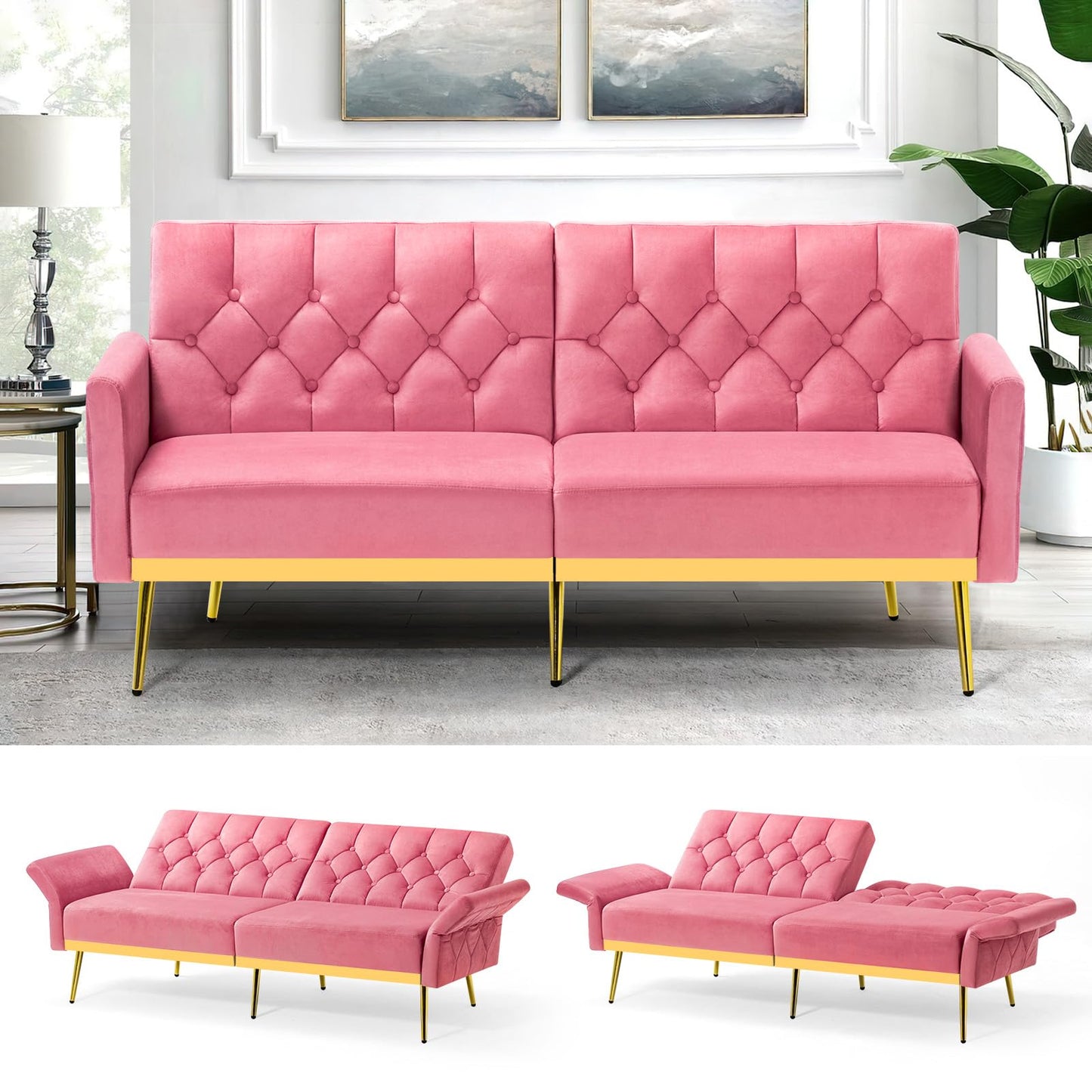 Velvet Sofa Bed w/Adjustable Armrests and Backrests, Modern Convertible Sleeper Sofa, Tufted Futon Sofa for Bedroom, Living Room, Apartment, Orange