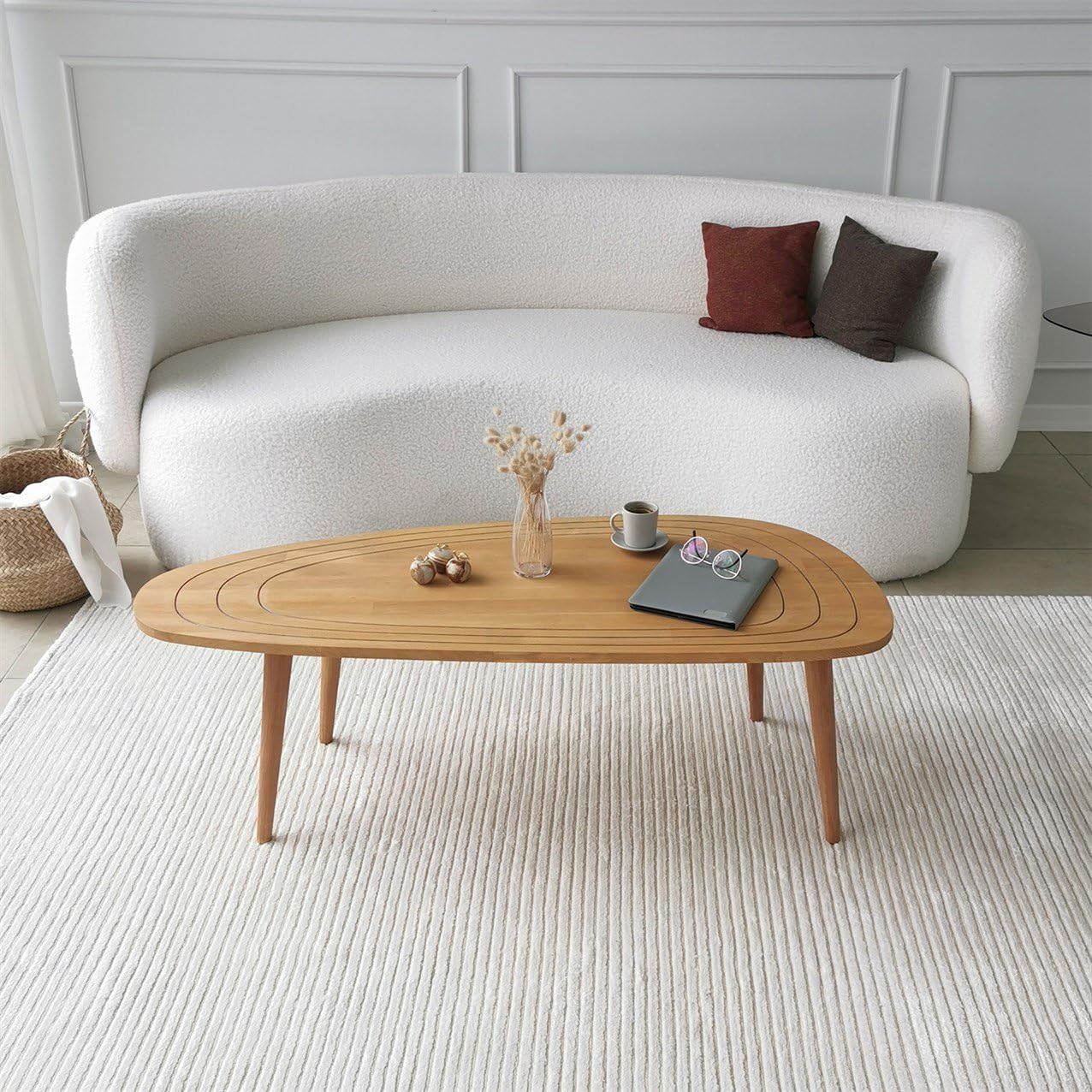 Solid Wood Oval Coffee Table, Engraved Wooden Center Table, Modern Surfboard Table, Mid Century Aesthetic Low Coffee Table, Vintage Living Room Furniture (Walnut)