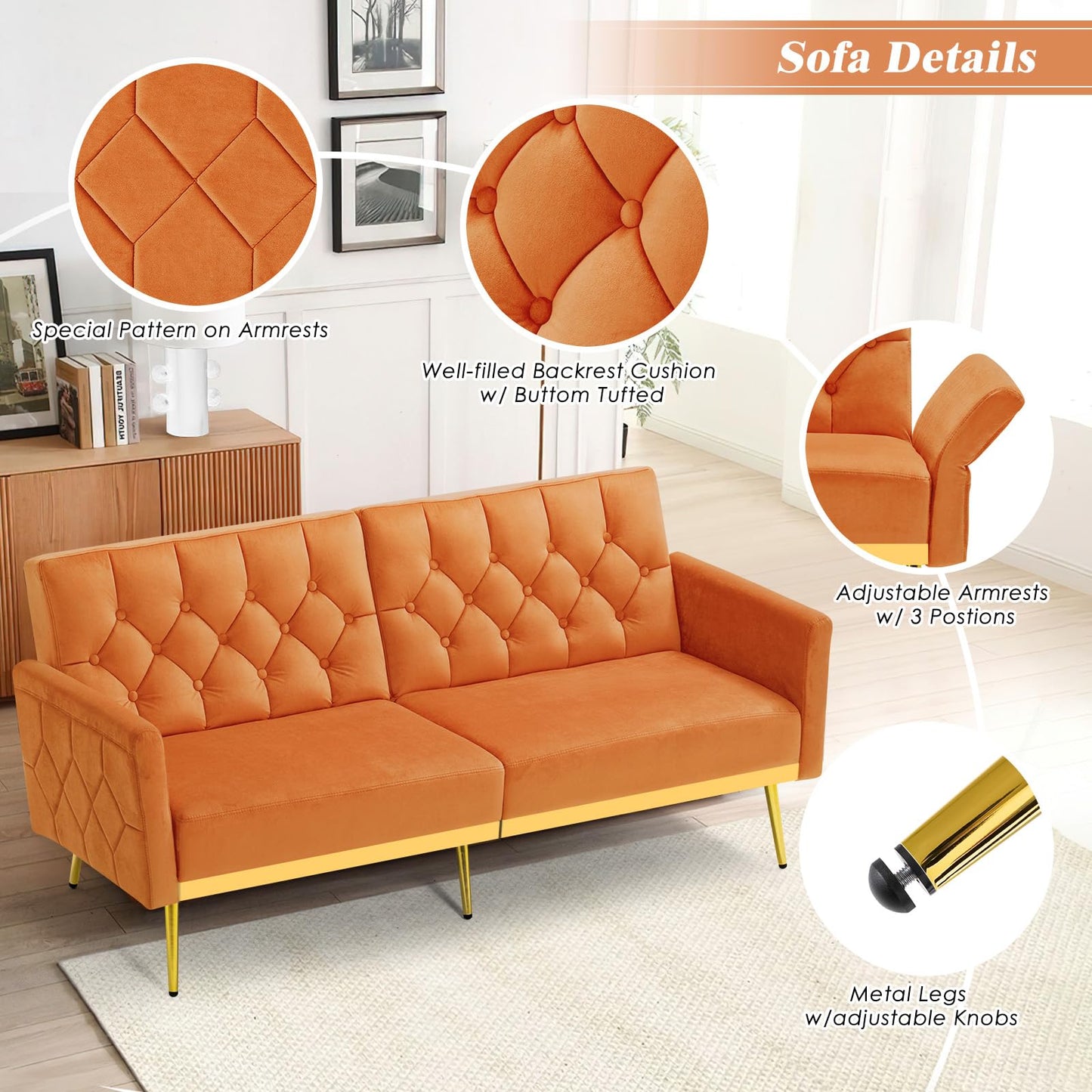 Velvet Sofa Bed w/Adjustable Armrests and Backrests, Modern Convertible Sleeper Sofa, Tufted Futon Sofa for Bedroom, Living Room, Apartment, Orange
