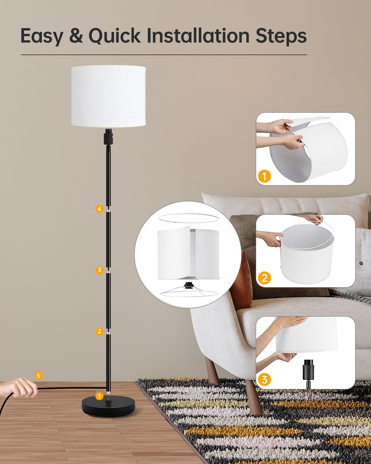 Floor Lamp Black, Standing Lamp, 58" Tall Lamps for Living Room, Simple Pole Lamp with Black Lampshade, On/Off Foot Pedal, Bright Dimming Light for Kids Room Bedroom Office Decor(Without Bulbs)