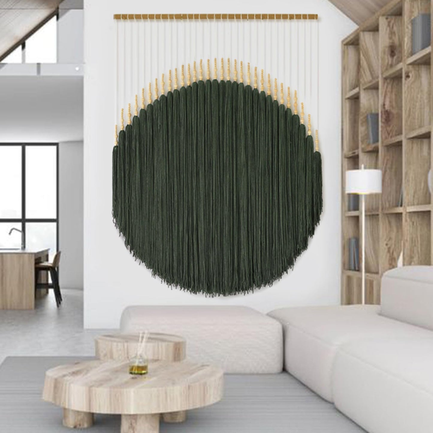 IOWER Macrame Wall Hanging Brown Yarn Beaded Backdrop Boho Wall Decor Round Tassel Home Wall Aesthetic Living Rooms Bedrooms Offices Geometric Art Chic Home Decor 39" W x 55" L