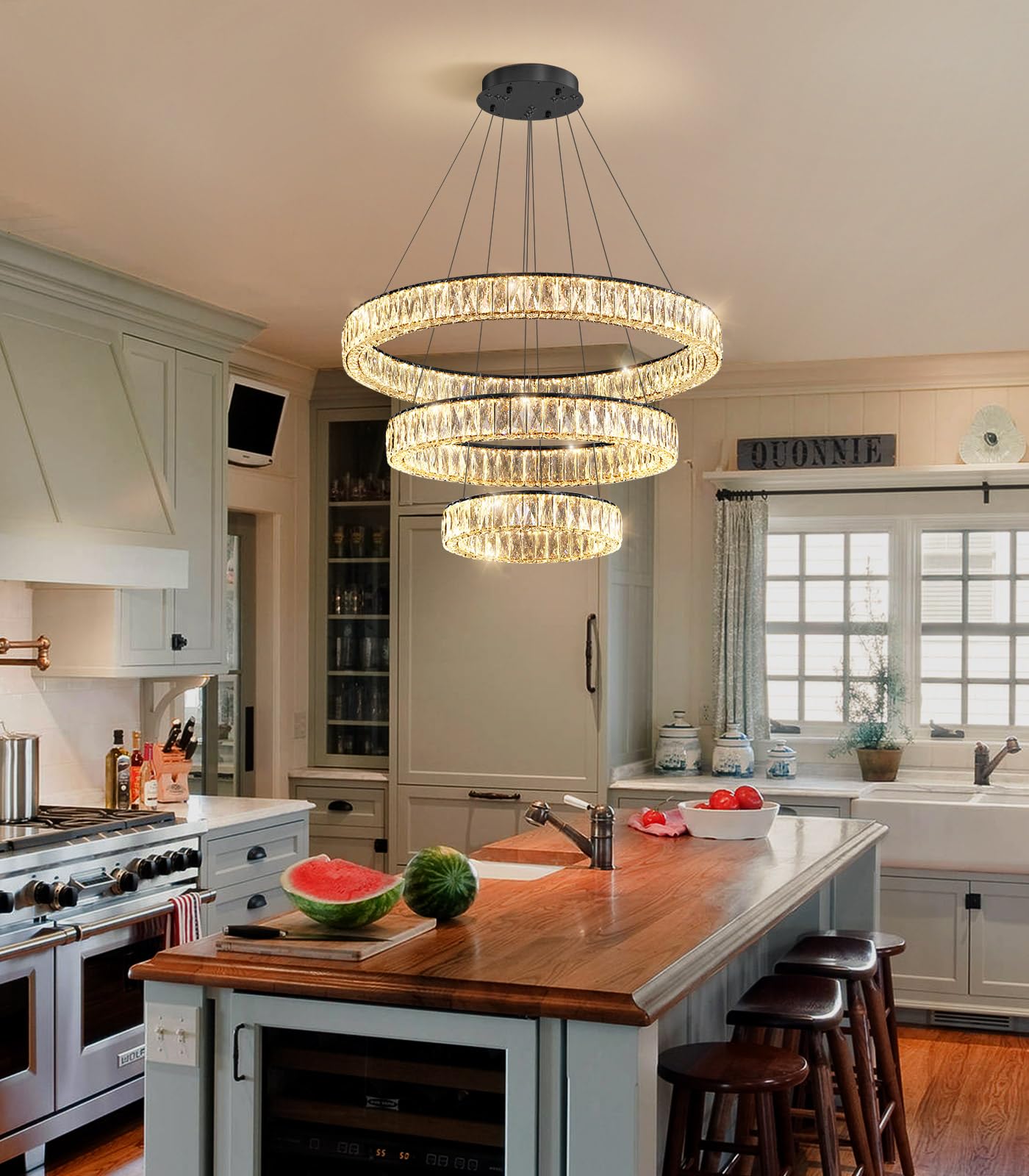 Modern Crystal Chandelier Dimmable LED Ring Pendant Lights Adjustable Glam Chandeliers Lighting Fixtures for Dining Room Living Room Bedroom Silver Light