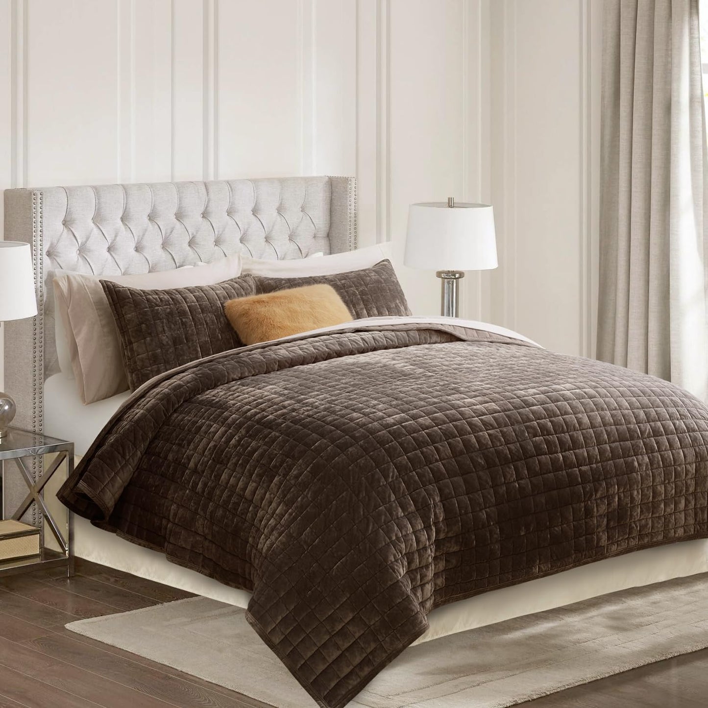 RECYCO Luxury Velvet Quilt Set King Size, Lightweight Velvet Comforter Set, Oversized Bedspread Coverlet Quilted Bedding Set, with 2 Matching Pillow Shams, for All Season, Navy Blue