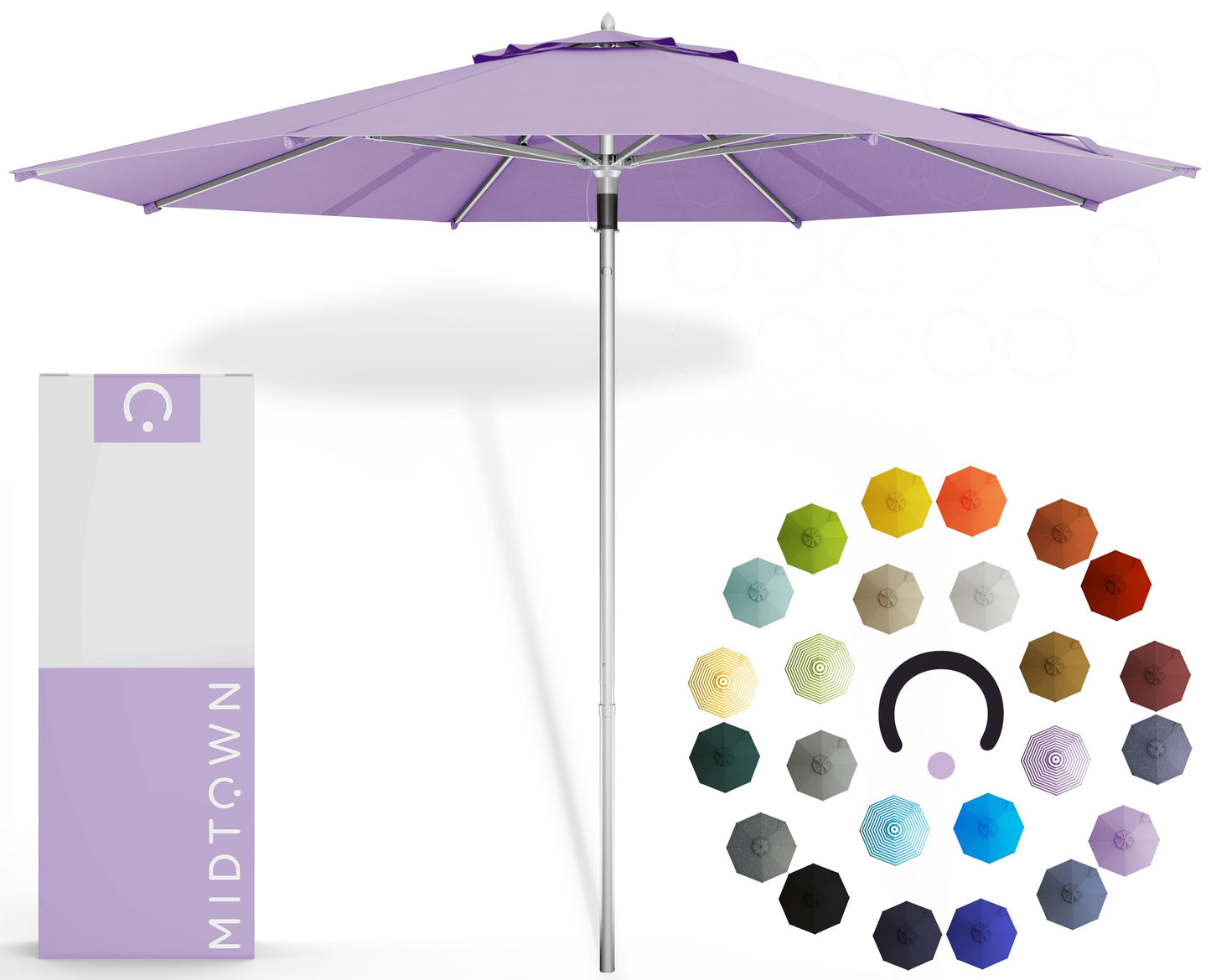 Midtown Umbrellas Push and Pop 9 Feet Outdoor Umbrella With Terylast Black/White Stripes Polyester Fabric - Fiberglass Ribs Deck Patio, Backyard, Garden & Pool - Silver Pole
