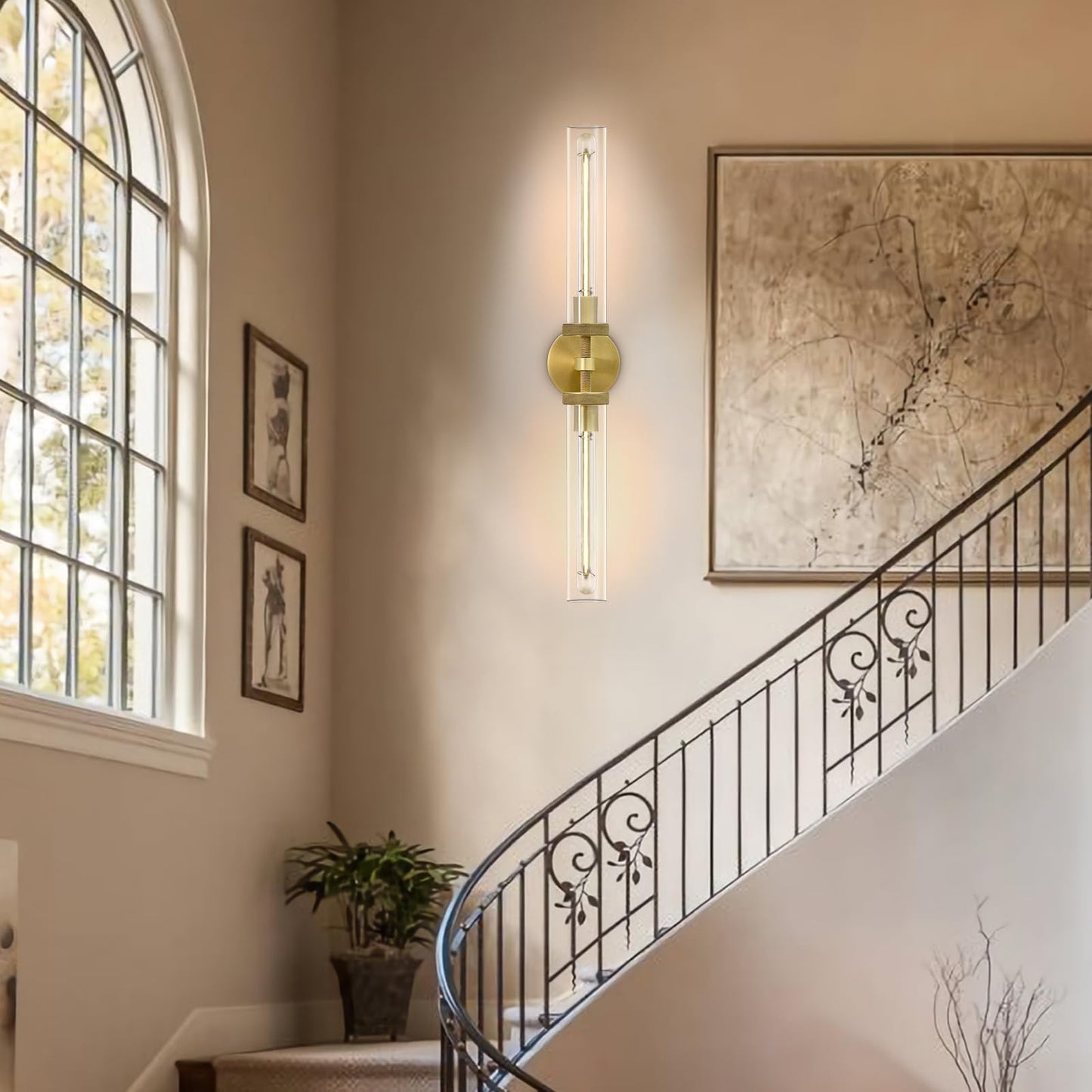 Brass Wall Sconces Set of Two, 19" Knurled Gold Sconces Wall Lighting, Tube Glass Bathroom Sconces Wall Lights for Bedroom Living Room Vanity Sconce Wall Lamp for Hallway, Staircase