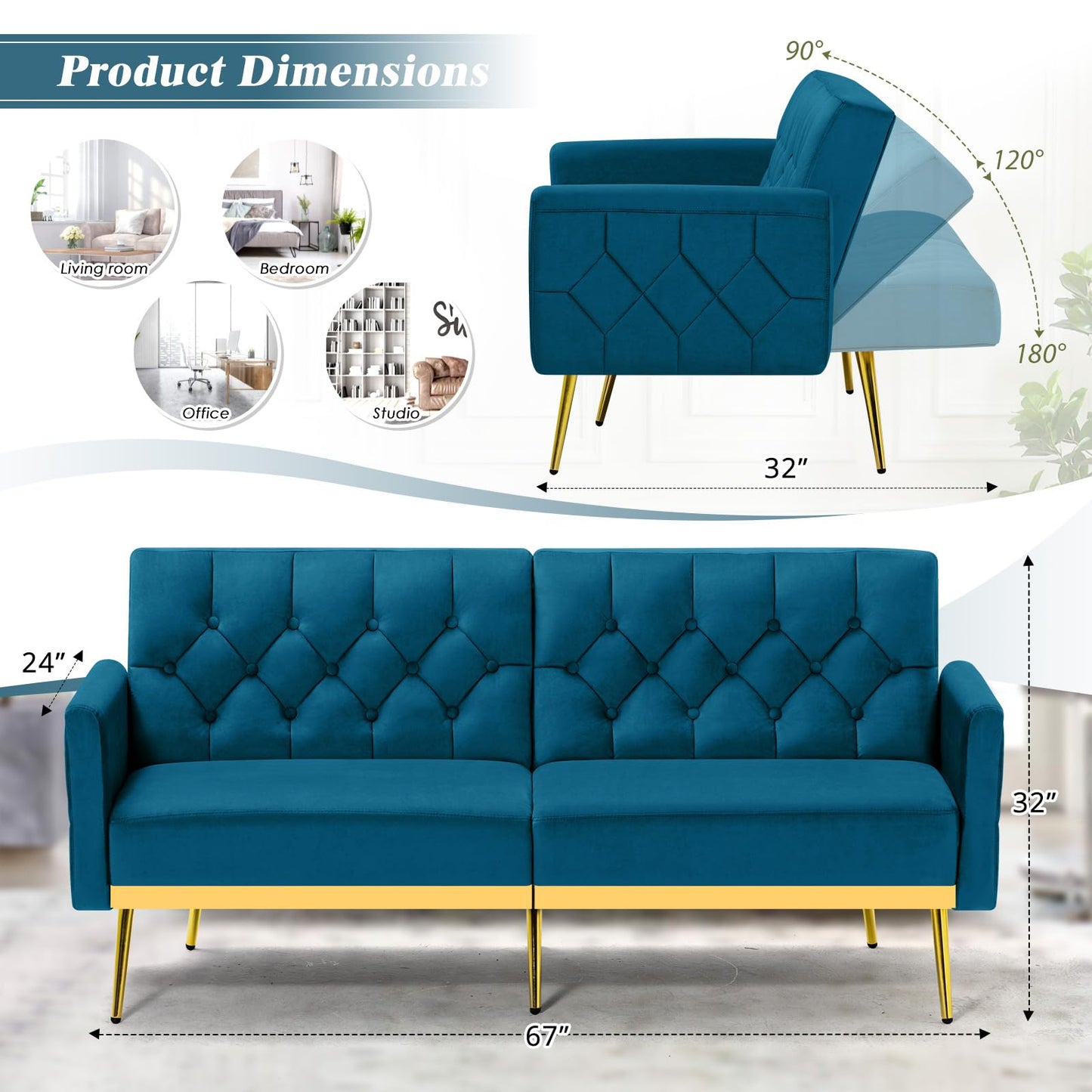 Velvet Sofa Bed w/Adjustable Armrests and Backrests, Modern Convertible Sleeper Sofa, Tufted Futon Sofa for Bedroom, Living Room, Apartment, Orange