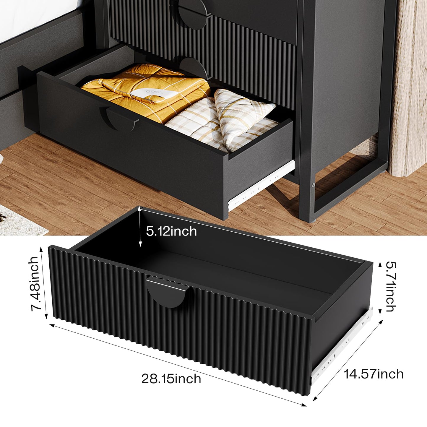 LGHM Fluted Gray Dresser for Bedroom, 50" Wide Chest of Drawers, Modern 6 Deep Drawers Dresser with Raised H Legs -Curved Profile Design, Easy Round Handles for Bedroom,Livingroom, Hallway, Gray