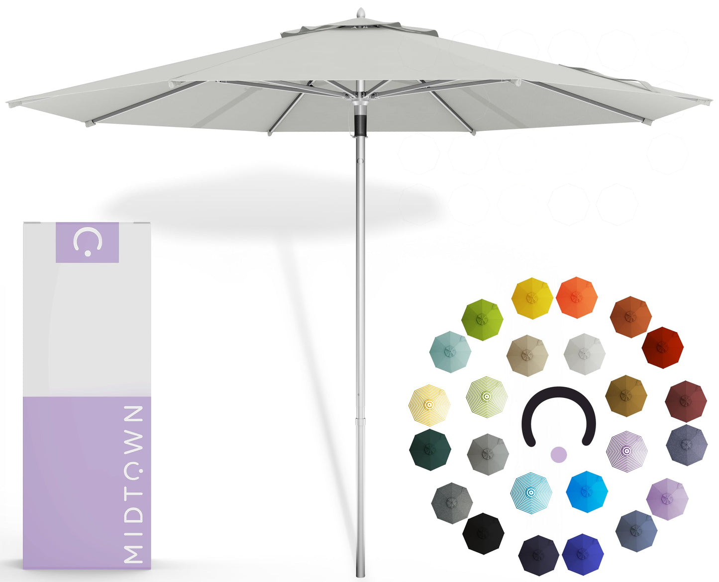 Midtown Umbrellas Push and Pop 9 Feet Outdoor Umbrella With Terylast Black/White Stripes Polyester Fabric - Fiberglass Ribs Deck Patio, Backyard, Garden & Pool - Silver Pole