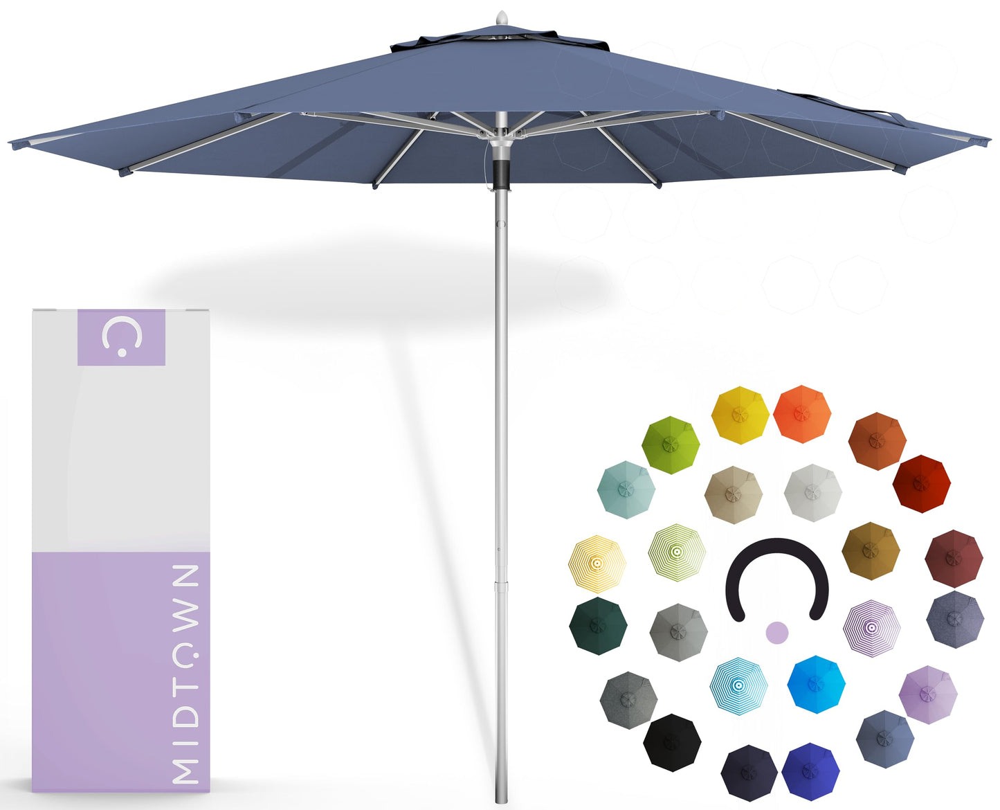 Midtown Umbrellas Push and Pop 9 Feet Outdoor Umbrella With Terylast Black/White Stripes Polyester Fabric - Fiberglass Ribs Deck Patio, Backyard, Garden & Pool - Silver Pole