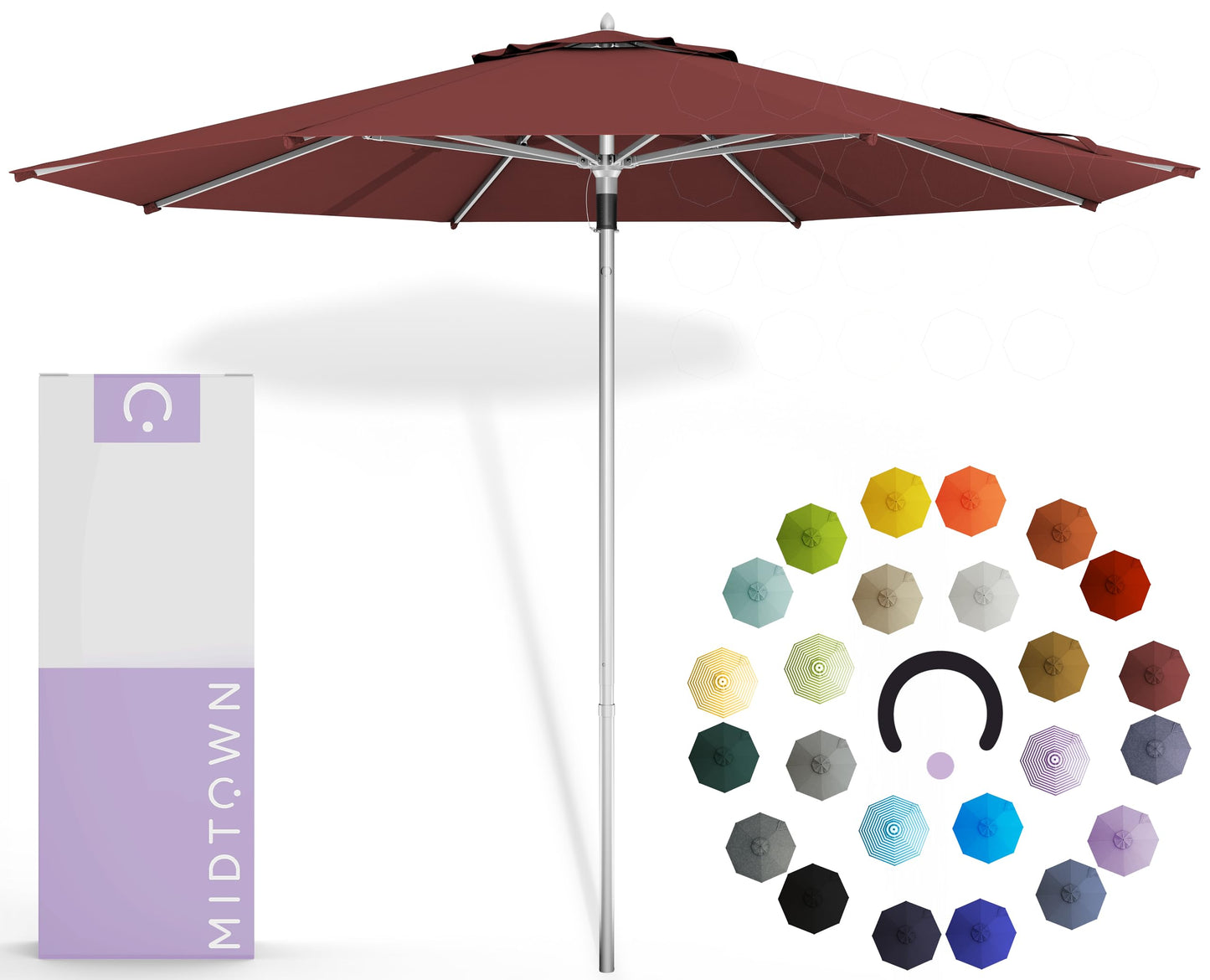 Midtown Umbrellas Push and Pop 9 Feet Outdoor Umbrella With Terylast Black/White Stripes Polyester Fabric - Fiberglass Ribs Deck Patio, Backyard, Garden & Pool - Silver Pole
