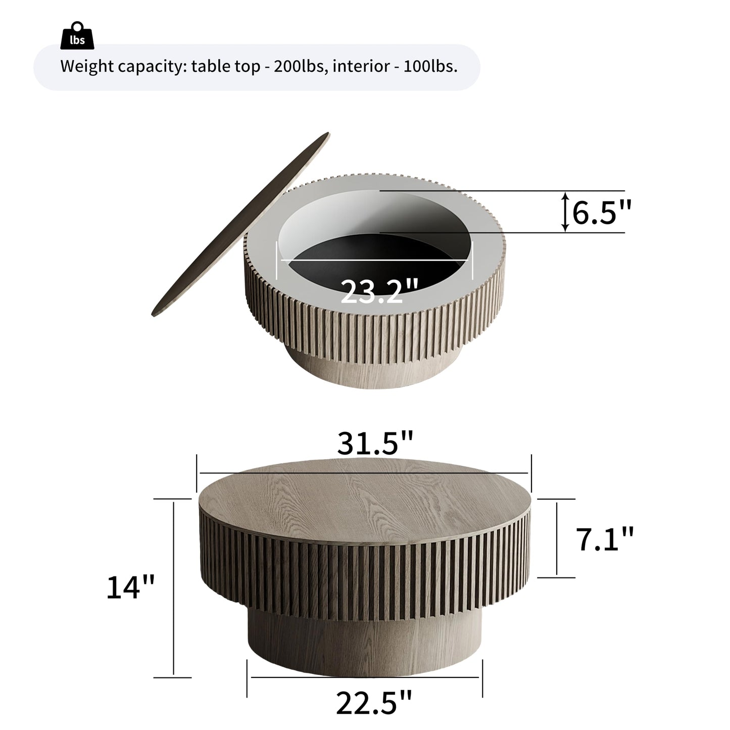 31.5" Round Drum Coffee Table with Storage, Handcraft Fluted Drum Coffee Table, Modern Wooden Circle Cocktail Tea Table Center Table with Sturdy Pedestal for Living Room Apartment (Walnut)