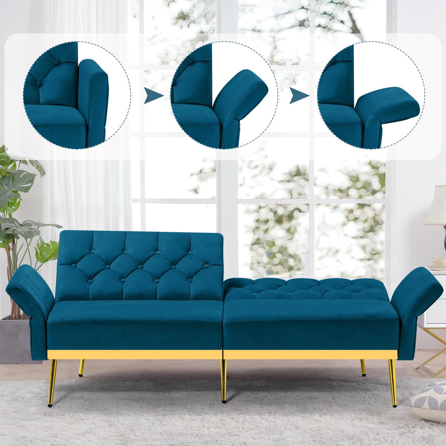 Velvet Sofa Bed w/Adjustable Armrests and Backrests, Modern Convertible Sleeper Sofa, Tufted Futon Sofa for Bedroom, Living Room, Apartment, Orange