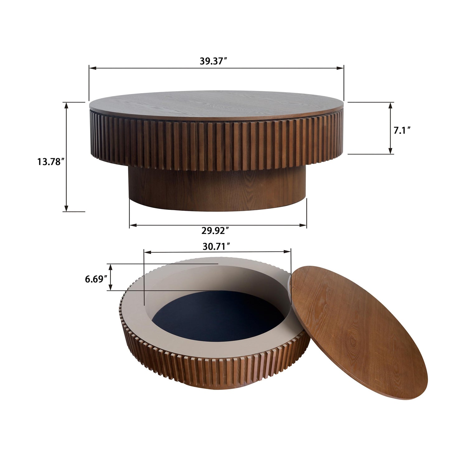 31.5" Round Drum Coffee Table with Storage, Handcraft Fluted Drum Coffee Table, Modern Wooden Circle Cocktail Tea Table Center Table with Sturdy Pedestal for Living Room Apartment (Walnut)