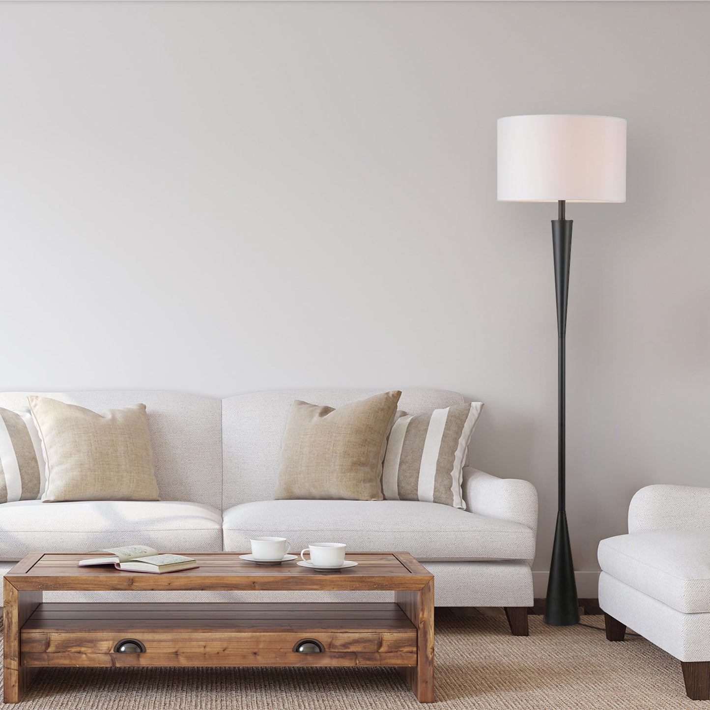 GLOBE Electric Novogratz x Harrington 65" Floor Lamp, 2-Tone Faux Wood Base, White Fabric Shade, Socket Rotary Switch 67225