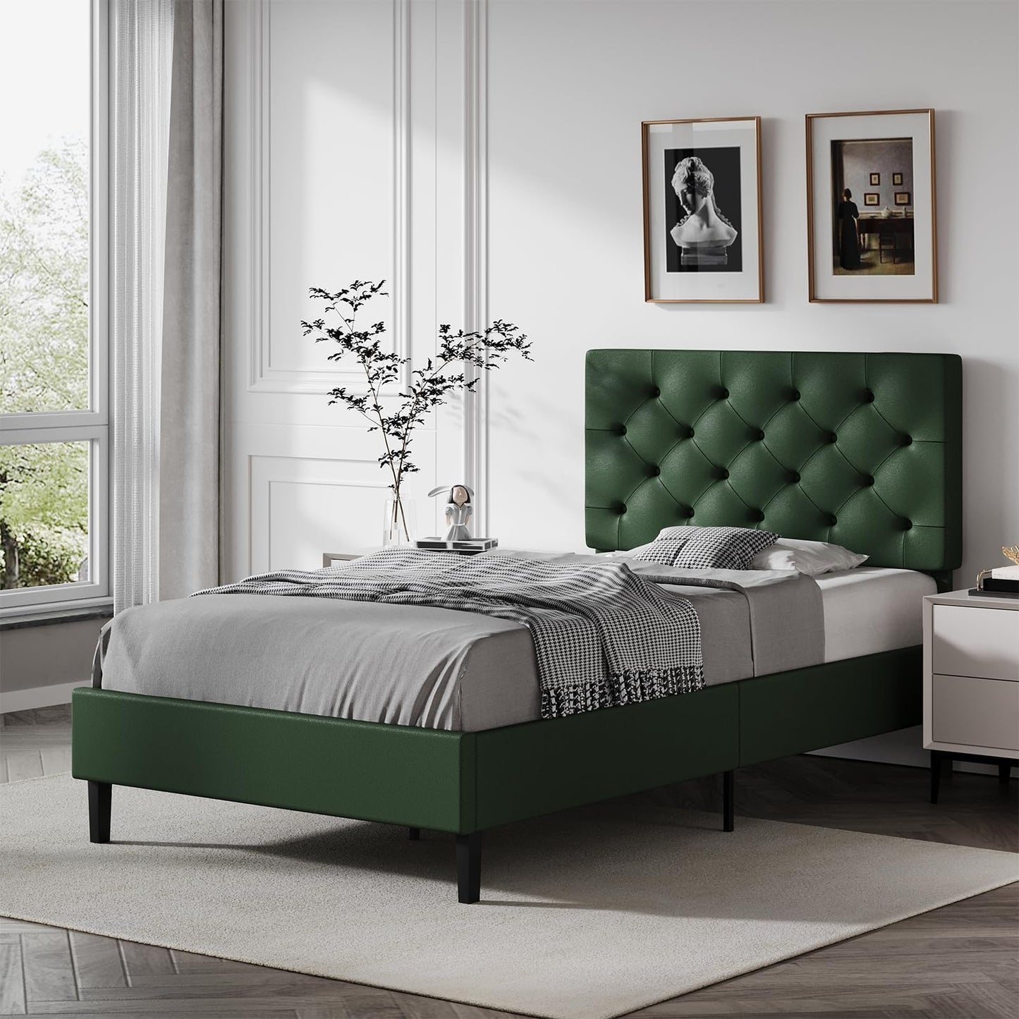 Queen Bed Frame with Headboard, Faux Leather Upholstered Platform Bed Frame, Blue Bed Frame Queen Size, Wooden Slat Support, No Box Spring Needed, Navy Blue