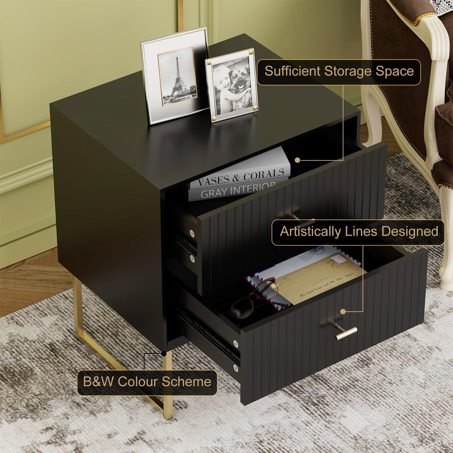 UEV Navy Blue Nightstand Set of 2,Modern Grooved Stripes Bed Side Table with 2 Drawers,Wood End Table with Golden Metal Handles and Pedestal Frame for Bedroom Living Room