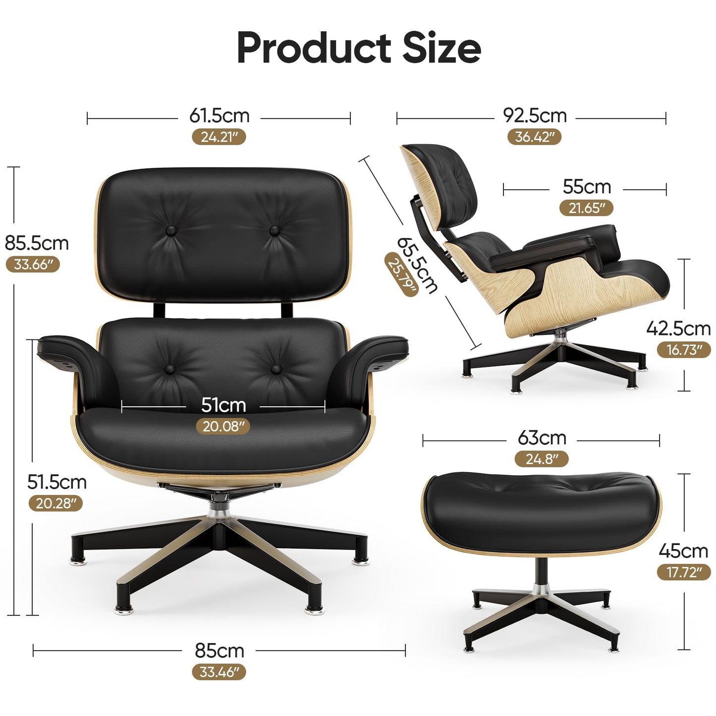 Top Black Grain Leather, Mid Century Chaise Lounge Chair and Ottoman, Modern Chair Classic Design, Walnut Wood, Heavy Duty Base Support for Living Room Office