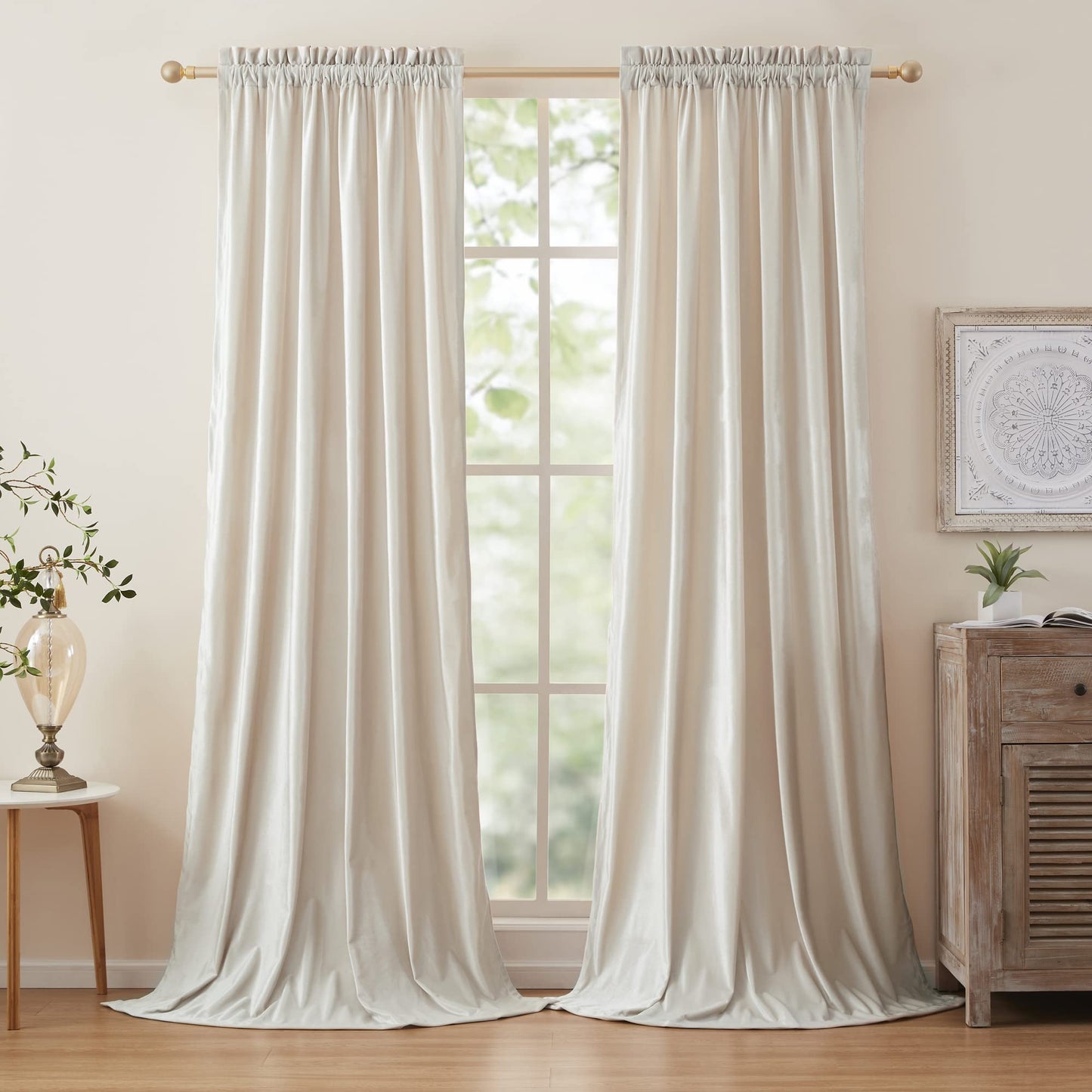 PRIMROSE Velvet Curtains 84 inch for Living Room Champagne Beige Rod Pocket Window Drapes Treatment Semi Room Darkening Decor Curtains for Bedroom Set of 2 Panels