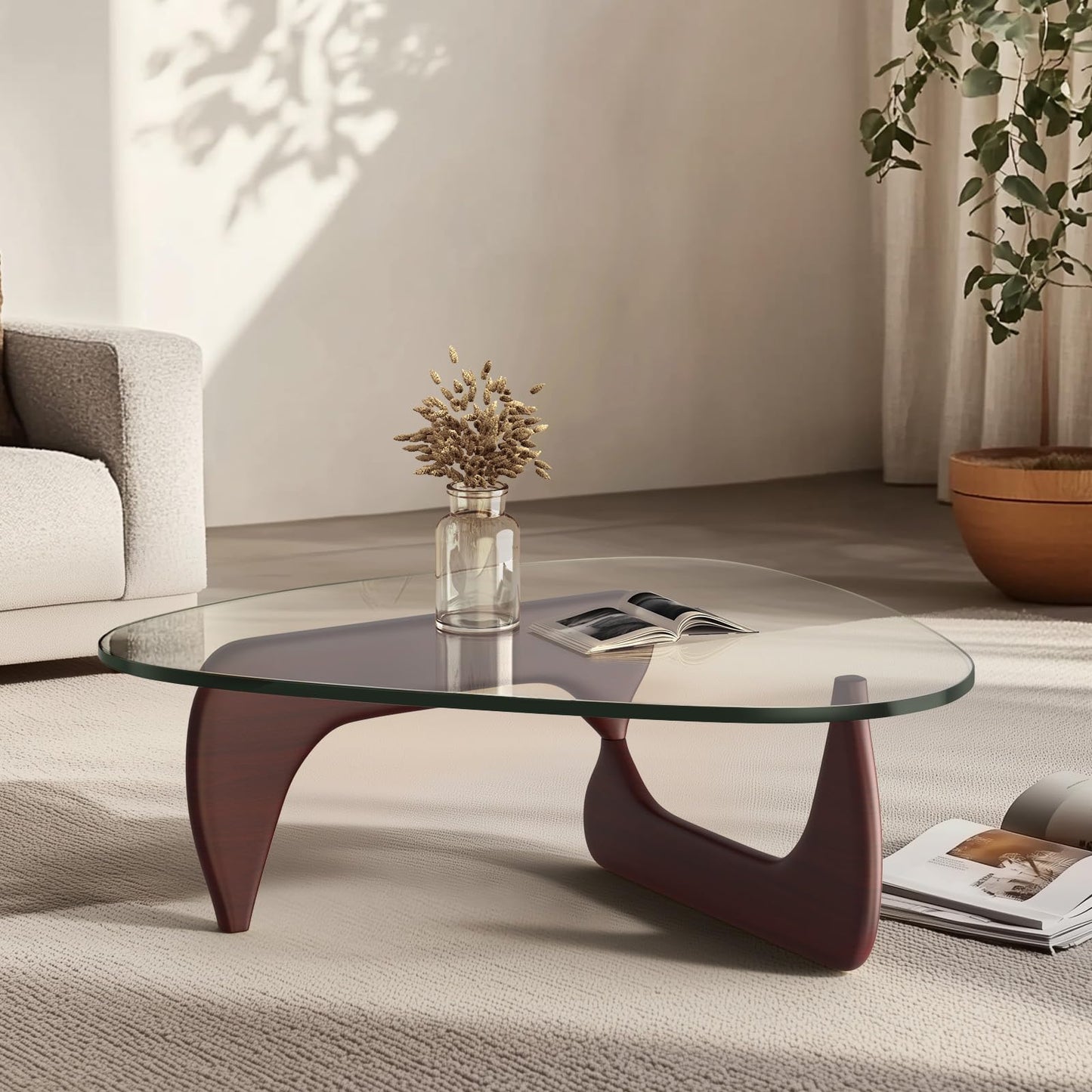 Noguchi Coffee Table – Mid-Century Modern Triangle Glass Coffee Table with Clear Tempered Top & Wood Base, End Table for Living Room Office Hotel Balcony, 50" W x 37.5" D