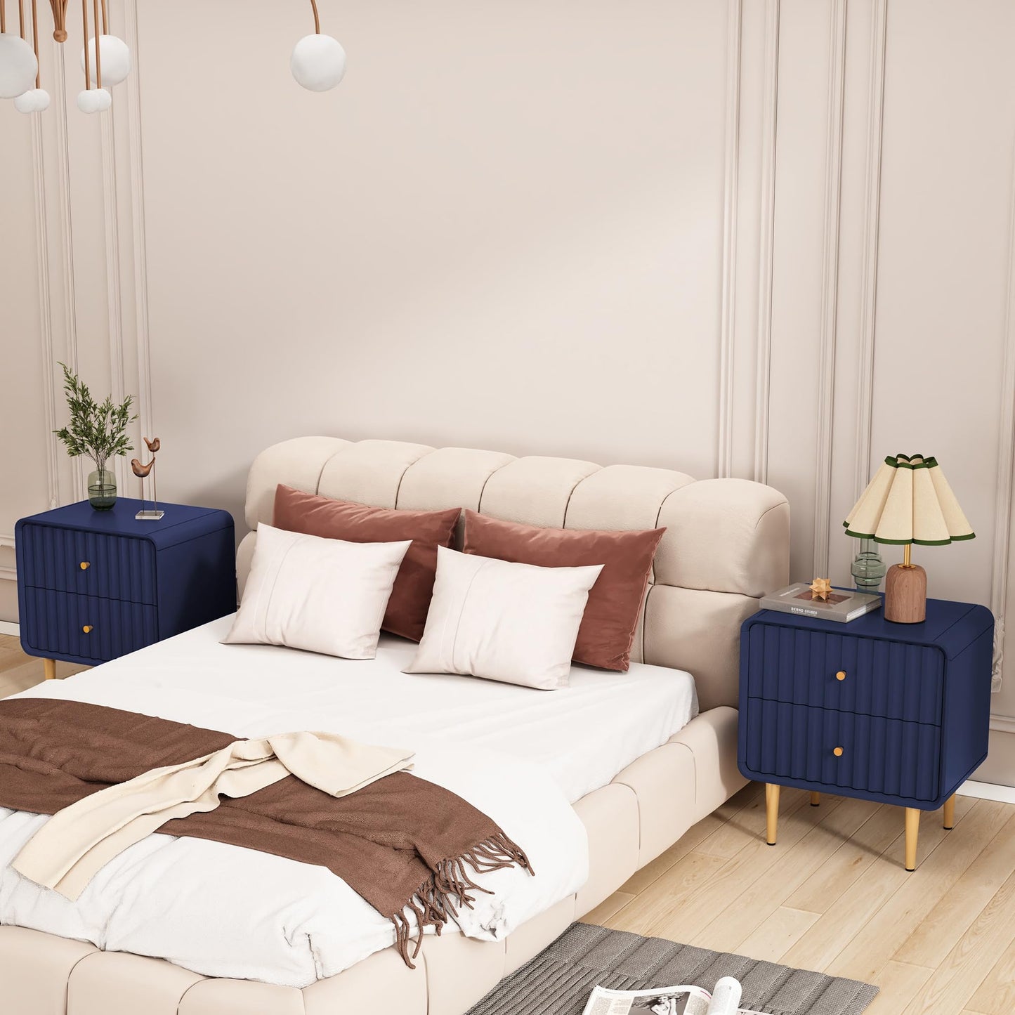 HLR Modern Nightstand Set of 2, Fluted Bed Side Table with 2 Drawers Storage, Wood End Table with Gold Metal Handle, White Night Stands for Bedroom