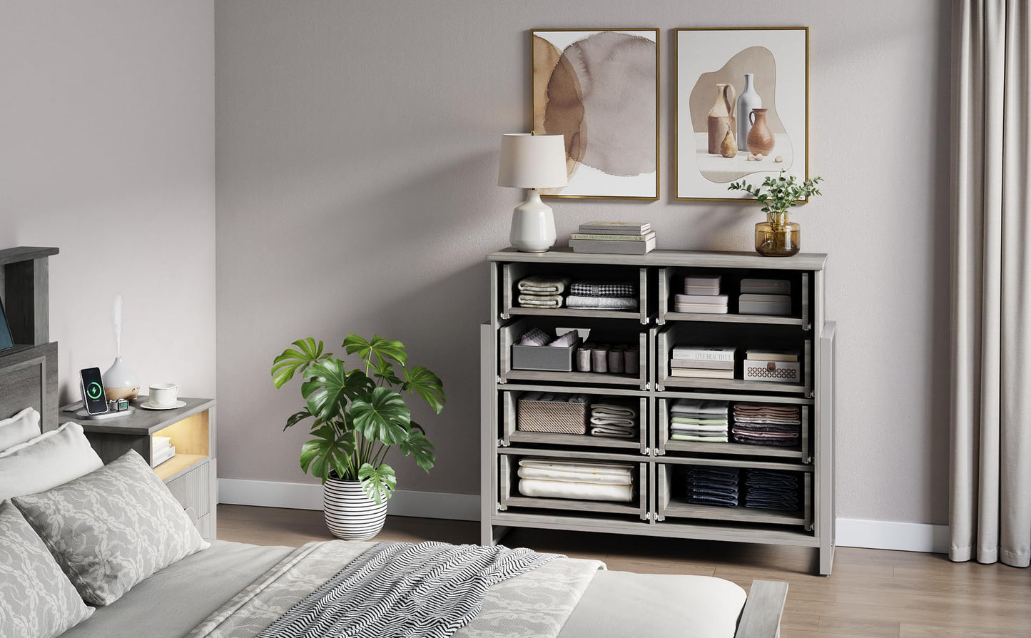 LGHM Fluted Gray Dresser for Bedroom, 50" Wide Chest of Drawers, Modern 6 Deep Drawers Dresser with Raised H Legs -Curved Profile Design, Easy Round Handles for Bedroom,Livingroom, Hallway, Gray