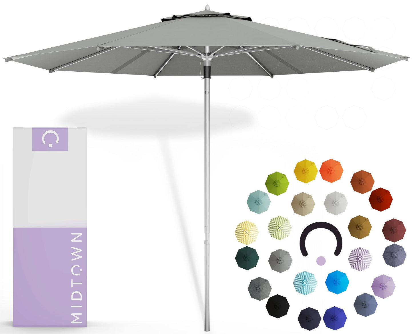 Midtown Umbrellas Push and Pop 9 Feet Outdoor Umbrella With Terylast Black/White Stripes Polyester Fabric - Fiberglass Ribs Deck Patio, Backyard, Garden & Pool - Silver Pole
