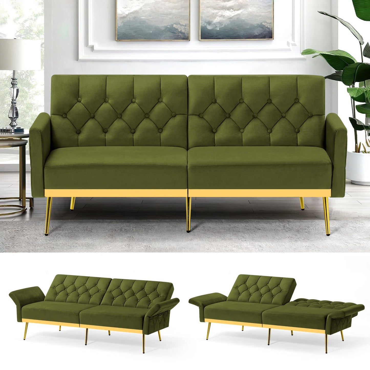 Velvet Sofa Bed w/Adjustable Armrests and Backrests, Modern Convertible Sleeper Sofa, Tufted Futon Sofa for Bedroom, Living Room, Apartment, Orange