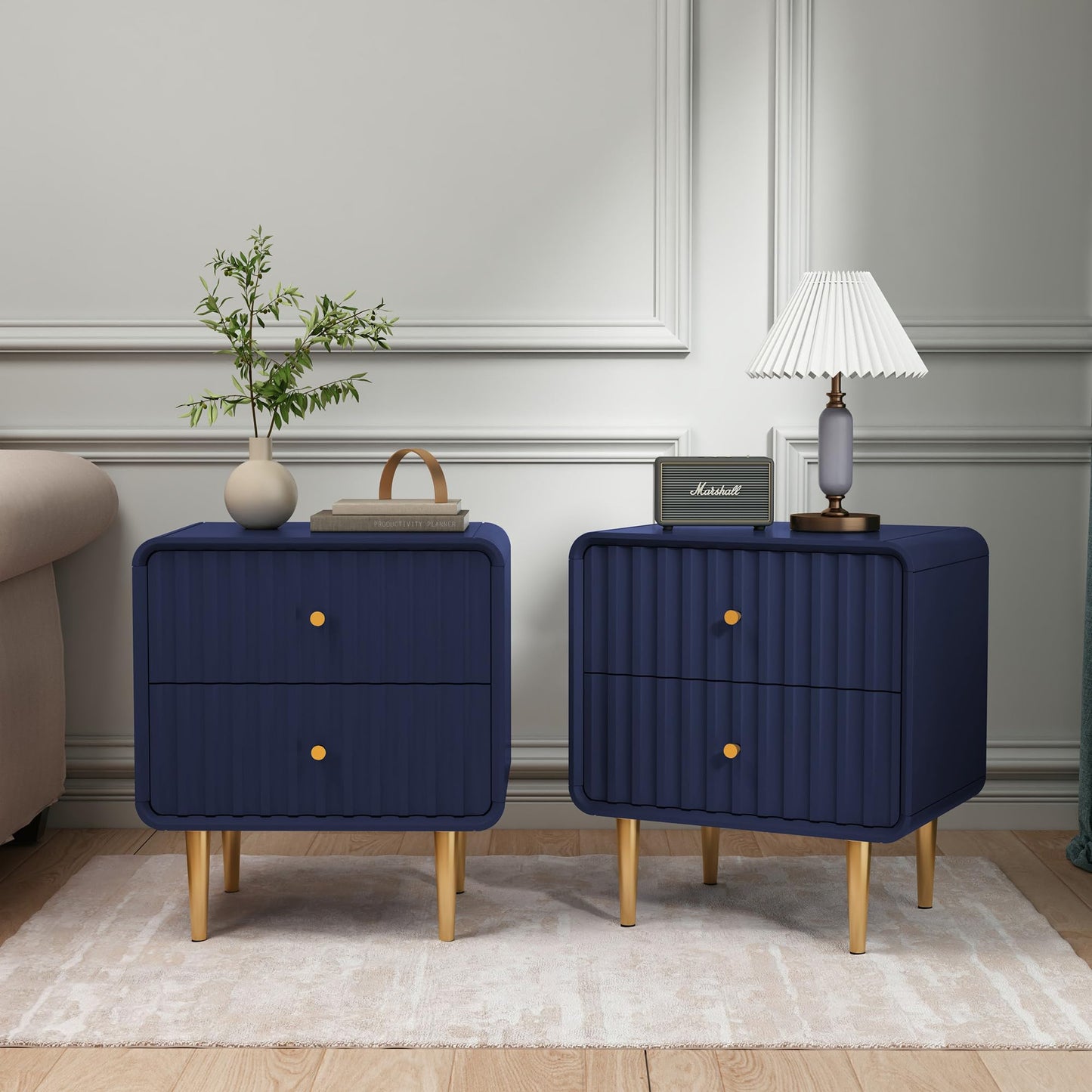 HLR Modern Nightstand Set of 2, Fluted Bed Side Table with 2 Drawers Storage, Wood End Table with Gold Metal Handle, White Night Stands for Bedroom