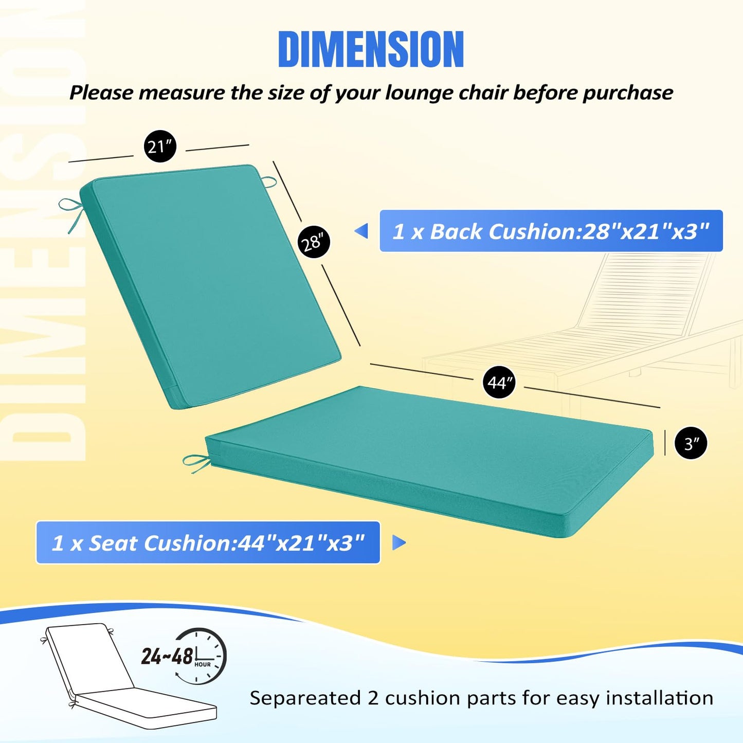 Basic Beyond Chaise Lounge Cushions Outdoor, 3-Layer Waterproof Outdoor Furniture Cushions with Removable Cover and 4 Ties, 72"x21"x3" Patio Lounge Chair Cushions for Outdoor Furniture, Yellow