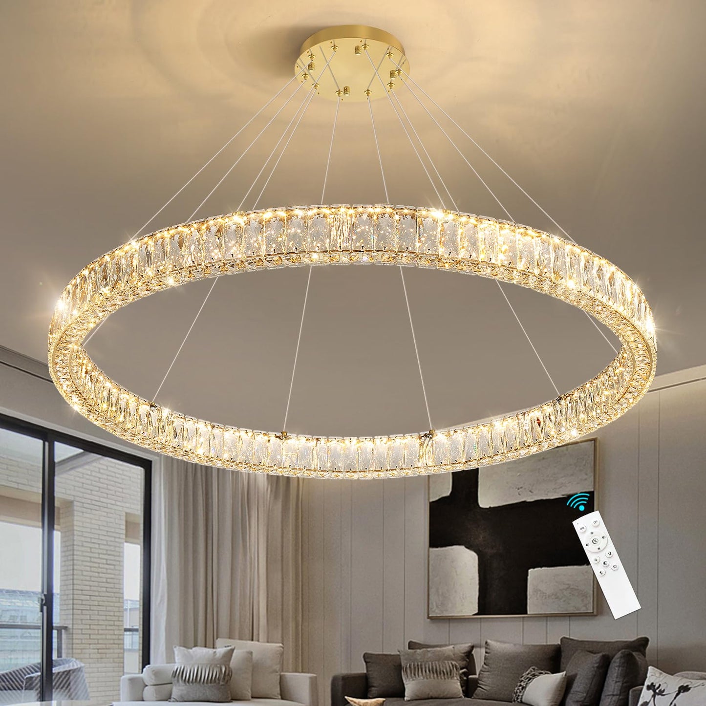 Modern Crystal Chandelier Dimmable LED Ring Pendant Lights Adjustable Glam Chandeliers Lighting Fixtures for Dining Room Living Room Bedroom Silver Light
