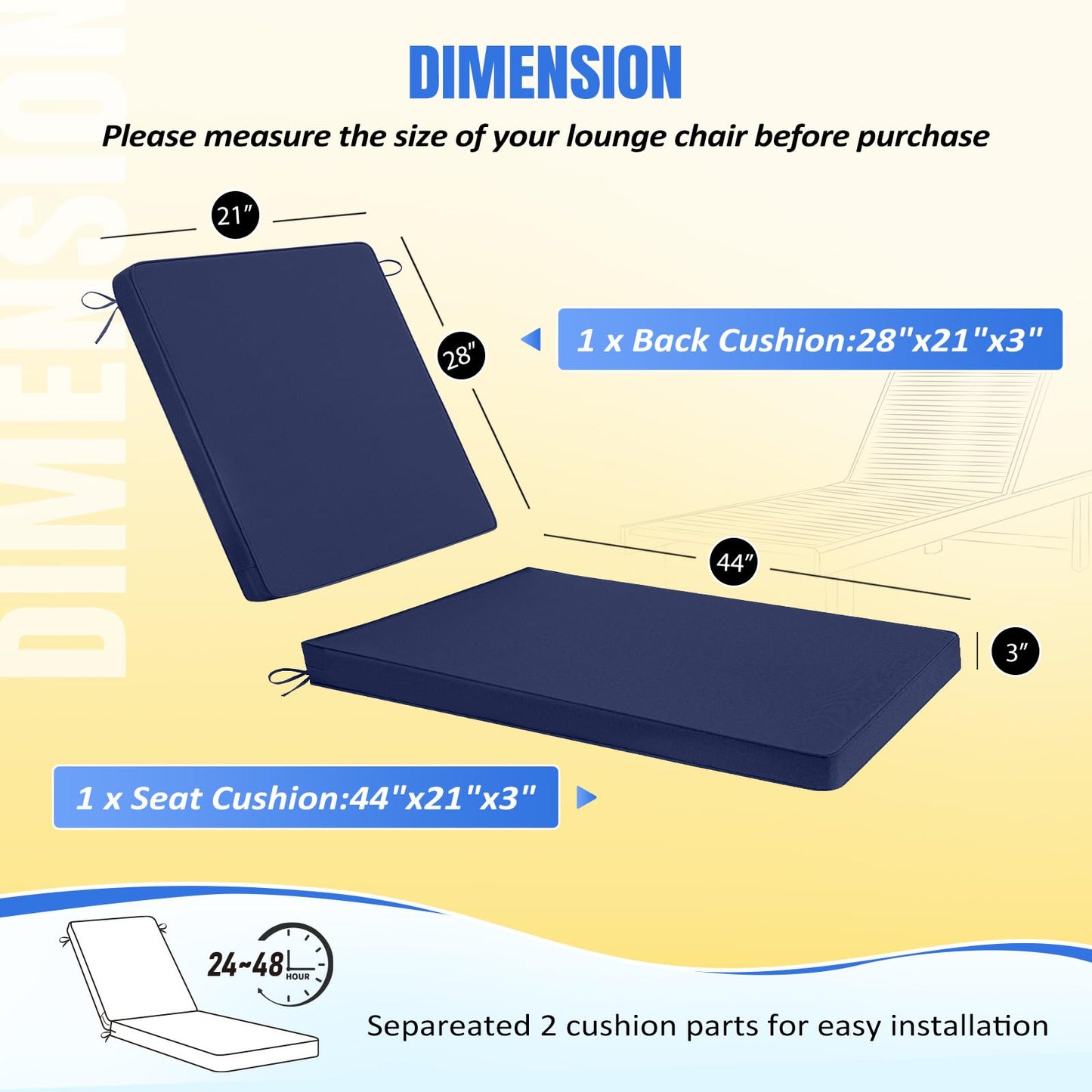 Basic Beyond Chaise Lounge Cushions Outdoor, 3-Layer Waterproof Outdoor Furniture Cushions with Removable Cover and 4 Ties, 72"x21"x3" Patio Lounge Chair Cushions for Outdoor Furniture, Yellow