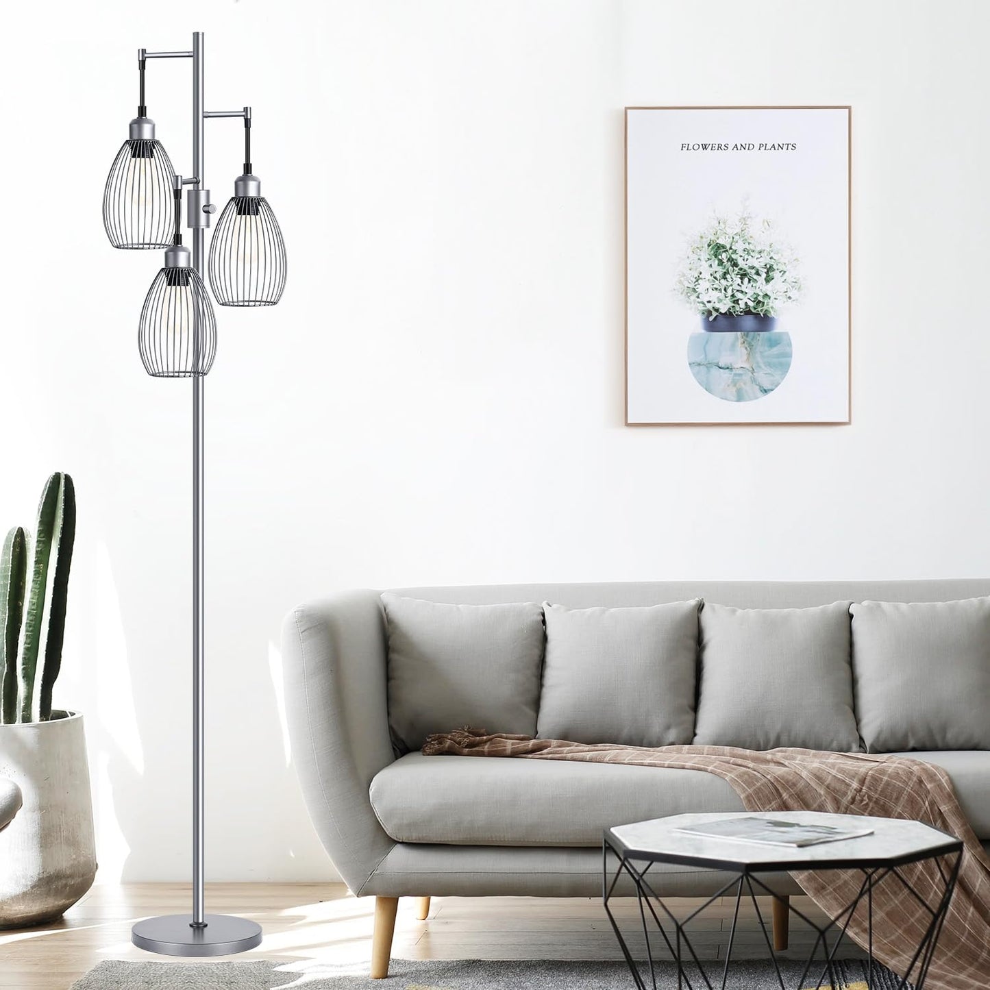 Dimmable Floor Lamp, 3 x 800LM LED Edison Bulbs Included, Farmhouse Industrial Floor Lamp Standing Tree Lamp with Elegant Teardrop Cage Tall Lamps for Living Room Bedroom Office Dining Room-Black