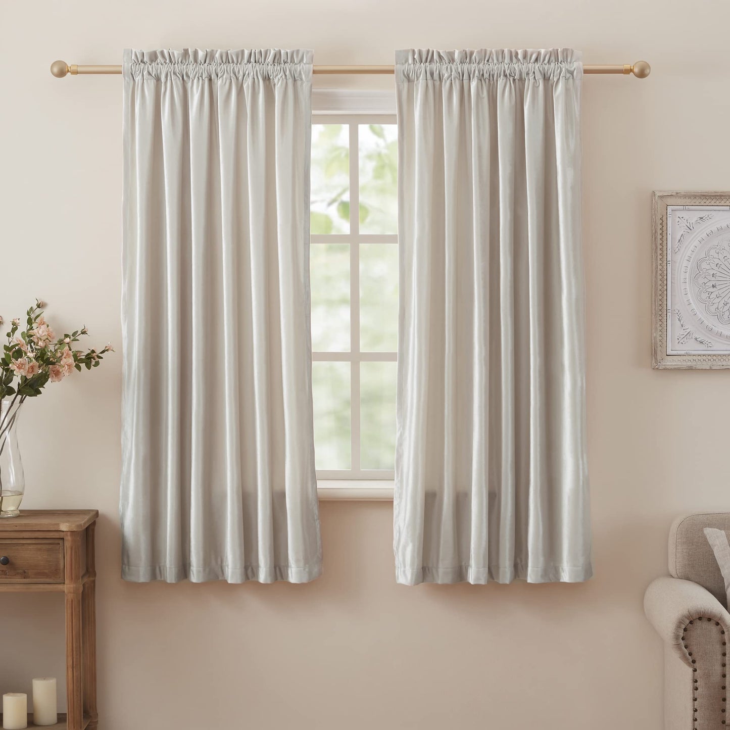 PRIMROSE Velvet Curtains 84 inch for Living Room Champagne Beige Rod Pocket Window Drapes Treatment Semi Room Darkening Decor Curtains for Bedroom Set of 2 Panels