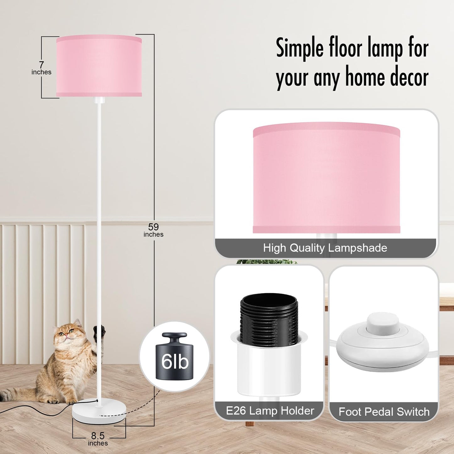 Floor Lamp Black, Standing Lamp, 58" Tall Lamps for Living Room, Simple Pole Lamp with Black Lampshade, On/Off Foot Pedal, Bright Dimming Light for Kids Room Bedroom Office Decor(Without Bulbs)
