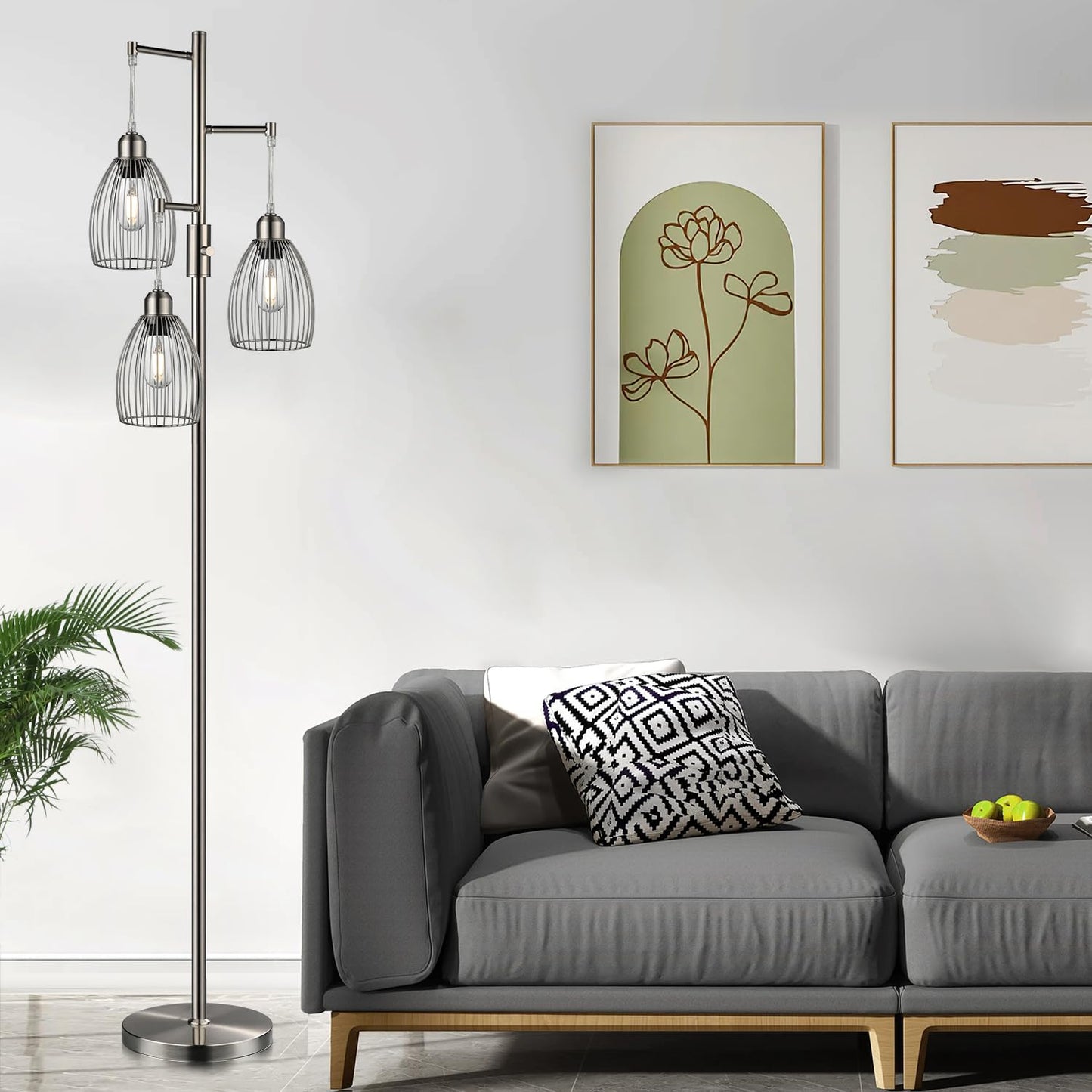 Dimmable Floor Lamp, 3 x 800LM LED Edison Bulbs Included, Farmhouse Industrial Floor Lamp Standing Tree Lamp with Elegant Teardrop Cage Tall Lamps for Living Room Bedroom Office Dining Room-Black