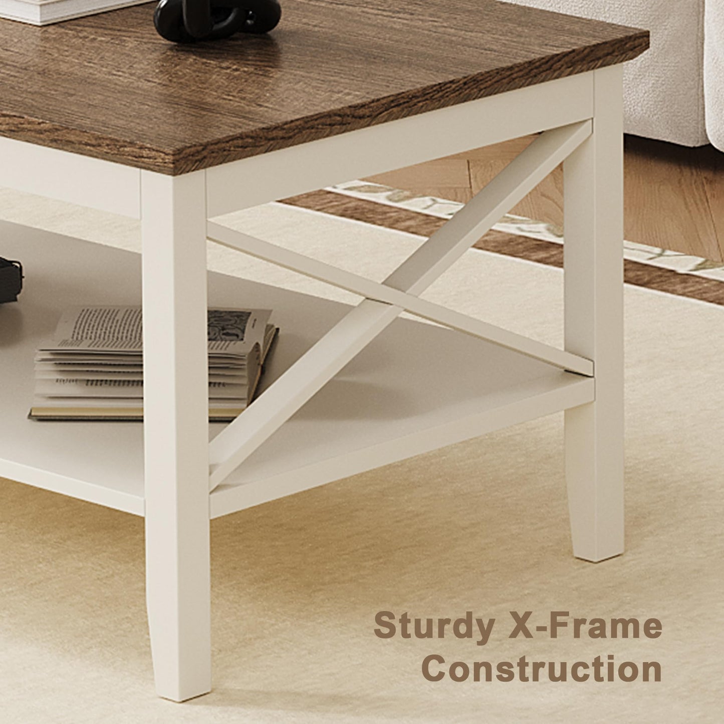 ChooChoo White Coffee Table Classic X Design for Living Room, Rectangular Modern Cocktail Table with Storage Shelf, 39 Inch