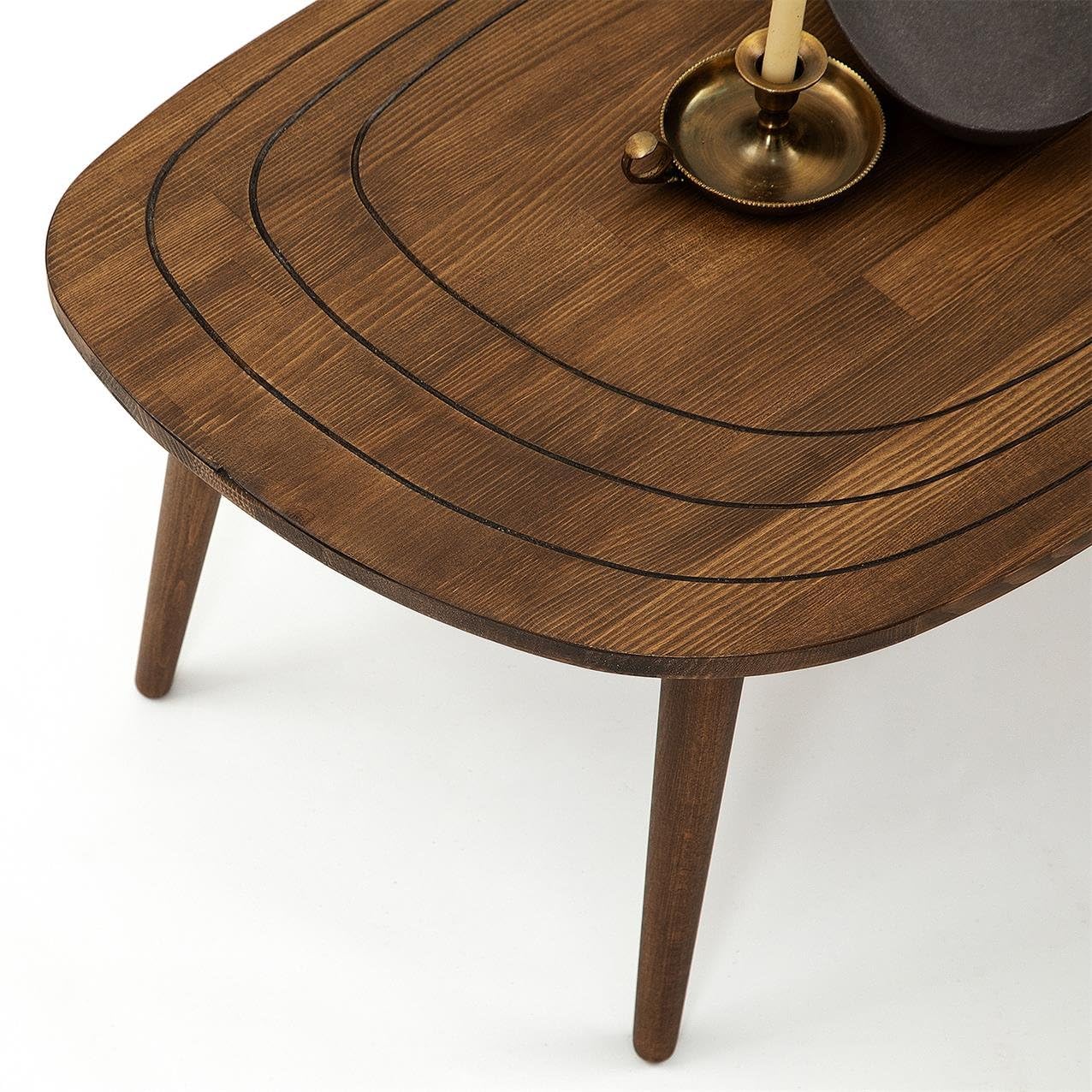 Solid Wood Oval Coffee Table, Engraved Wooden Center Table, Modern Surfboard Table, Mid Century Aesthetic Low Coffee Table, Vintage Living Room Furniture (Walnut)